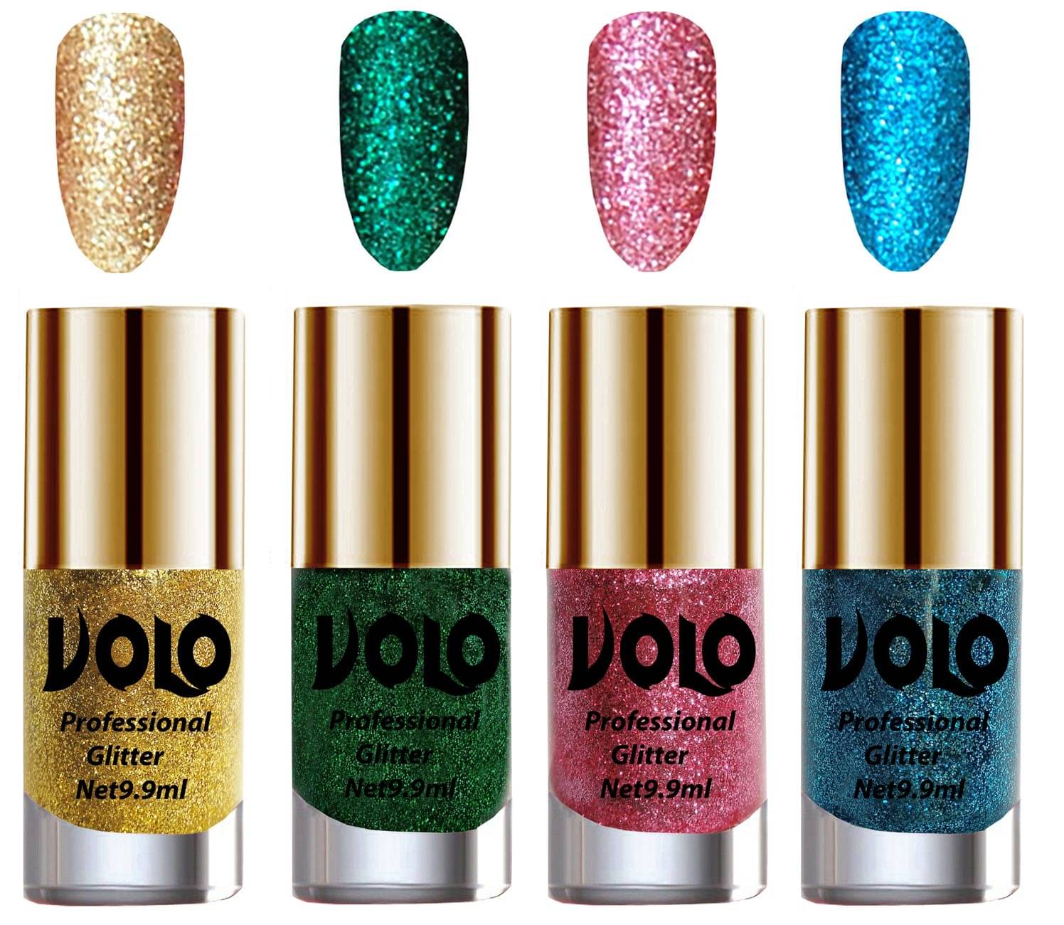 VOLO Professionally Used Glitter Shine Nail Polish Gold,Green,Pink Blue Pack of 4 39 mL VOLO Professionally Used Glitter Shine Nail Polish Gold,Green,Pink Blue Pack of 4 39 mL