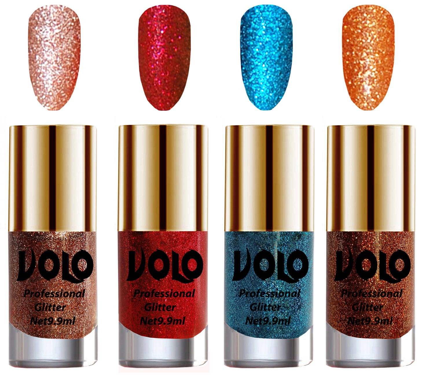     			VOLO Professionally Used Glitter Shine Nail Polish Peach,Red,Blue Orange Pack of 4 39 mL