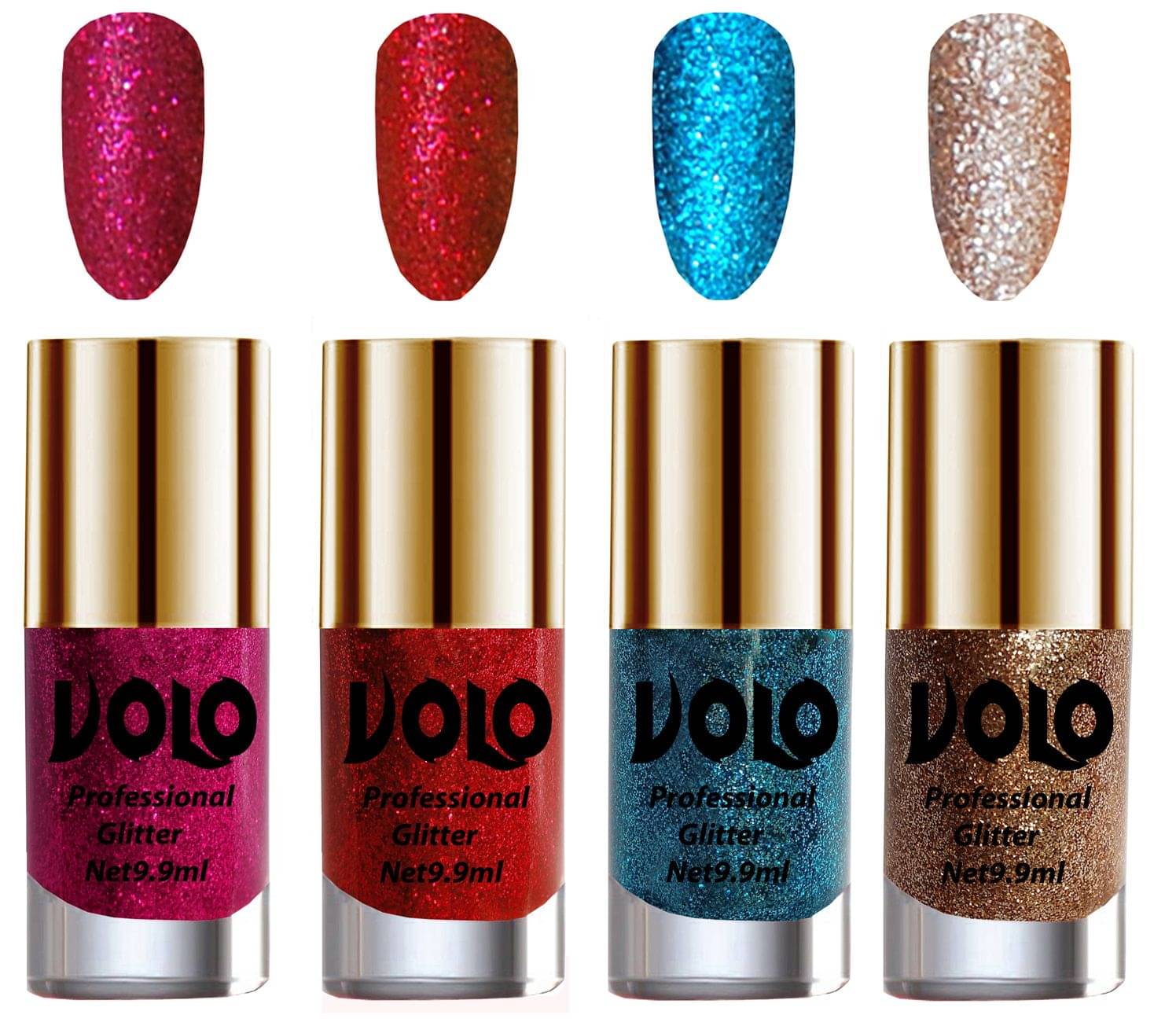 VOLO Professionally Used Glitter Shine Nail Polish Magenta,Red,Blue Gold Pack of 4 39 mL     			VOLO Professionally Used Glitter Shine Nail Polish Magenta,Red,Blue Gold Pack of 4 39 mL