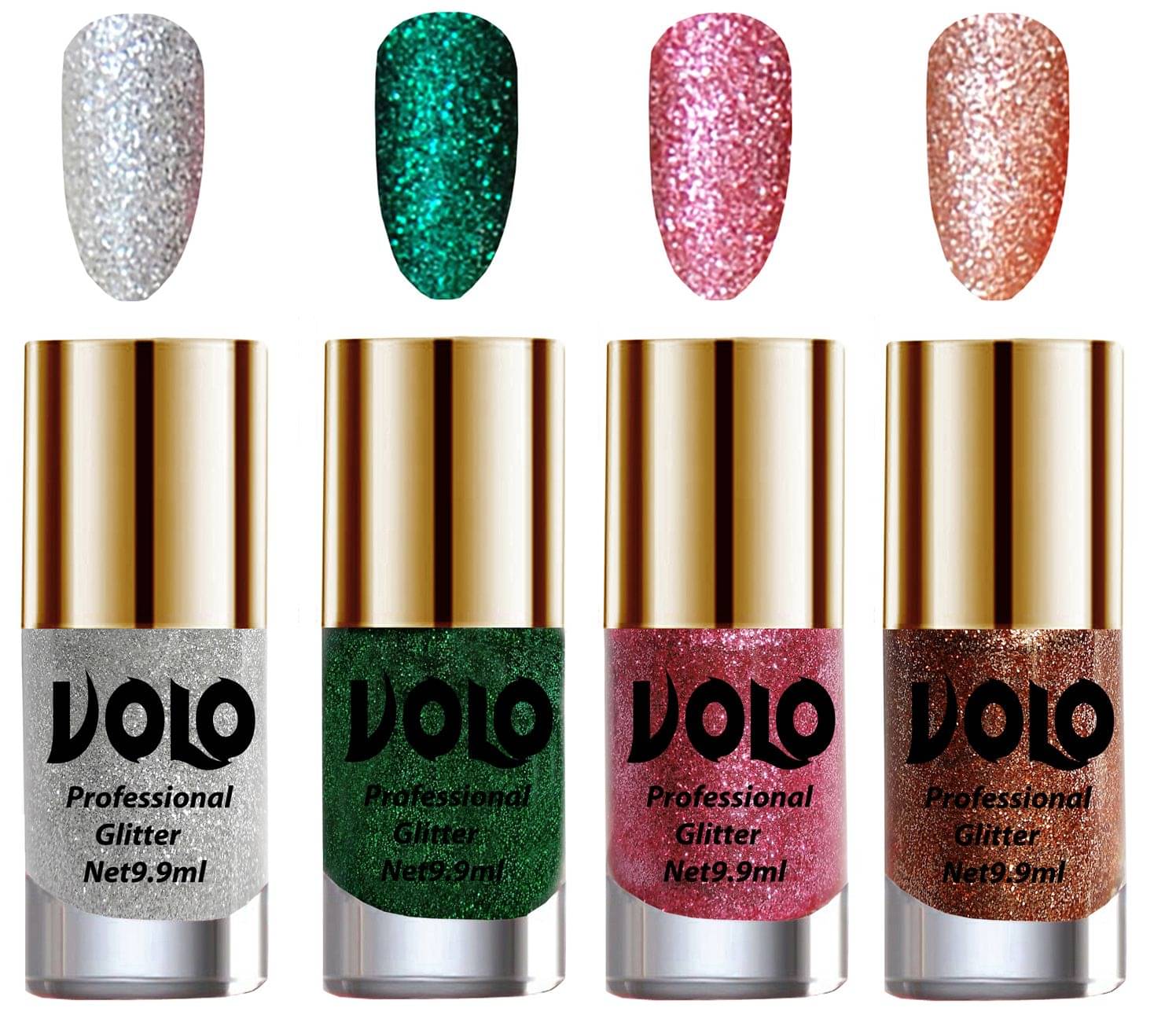 VOLO Professionally Used Glitter Shine Nail Polish Silver,Green,Pink Red Pack of 4 39 mL     			VOLO Professionally Used Glitter Shine Nail Polish Silver,Green,Pink Red Pack of 4 39 mL