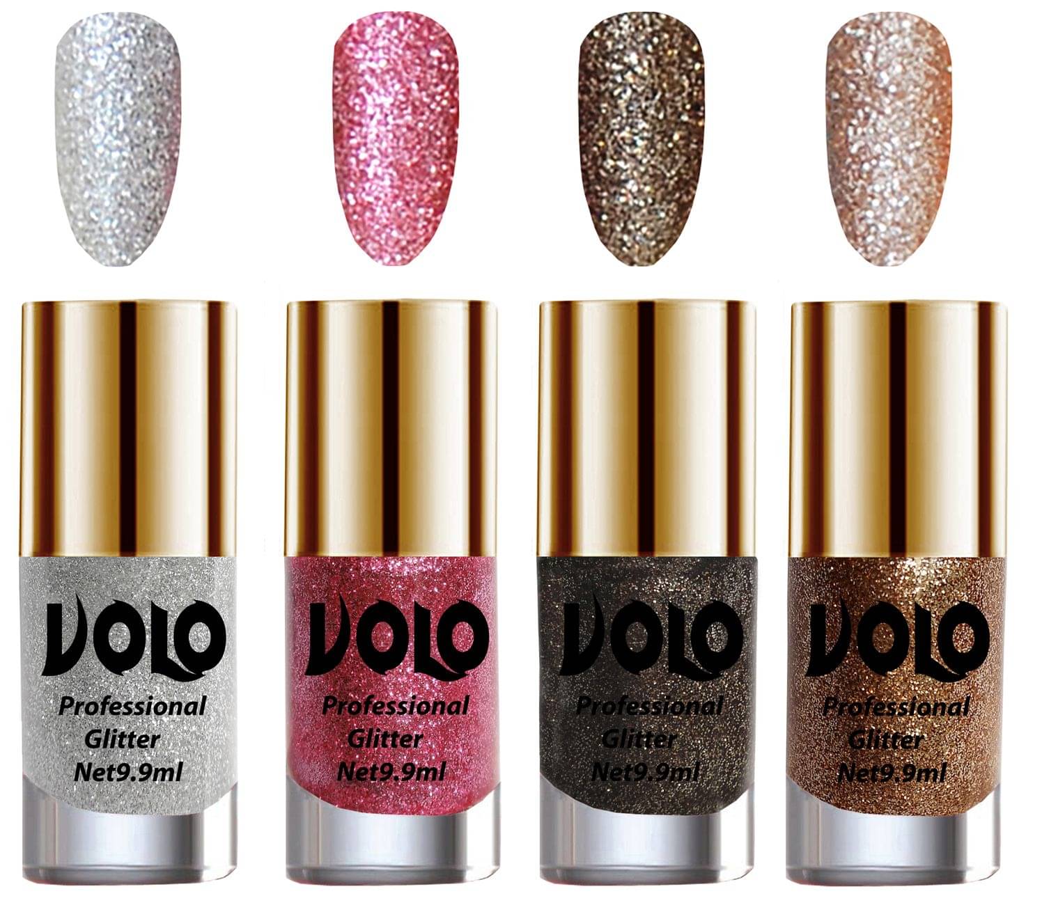 VOLO Professionally Used Glitter Shine Nail Polish Silver,Pink,Grey Gold Pack of 4 39 mL VOLO Professionally Used Glitter Shine Nail Polish Silver,Pink,Grey Gold Pack of 4 39 mL