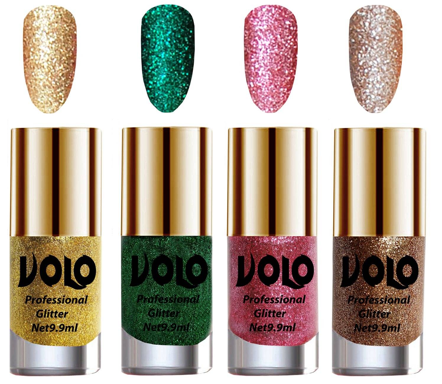 VOLO Professionally Used Glitter Shine Nail Polish Gold,Green,Pink Gold Pack of 4 39 mL VOLO Professionally Used Glitter Shine Nail Polish Gold,Green,Pink Gold Pack of 4 39 mL