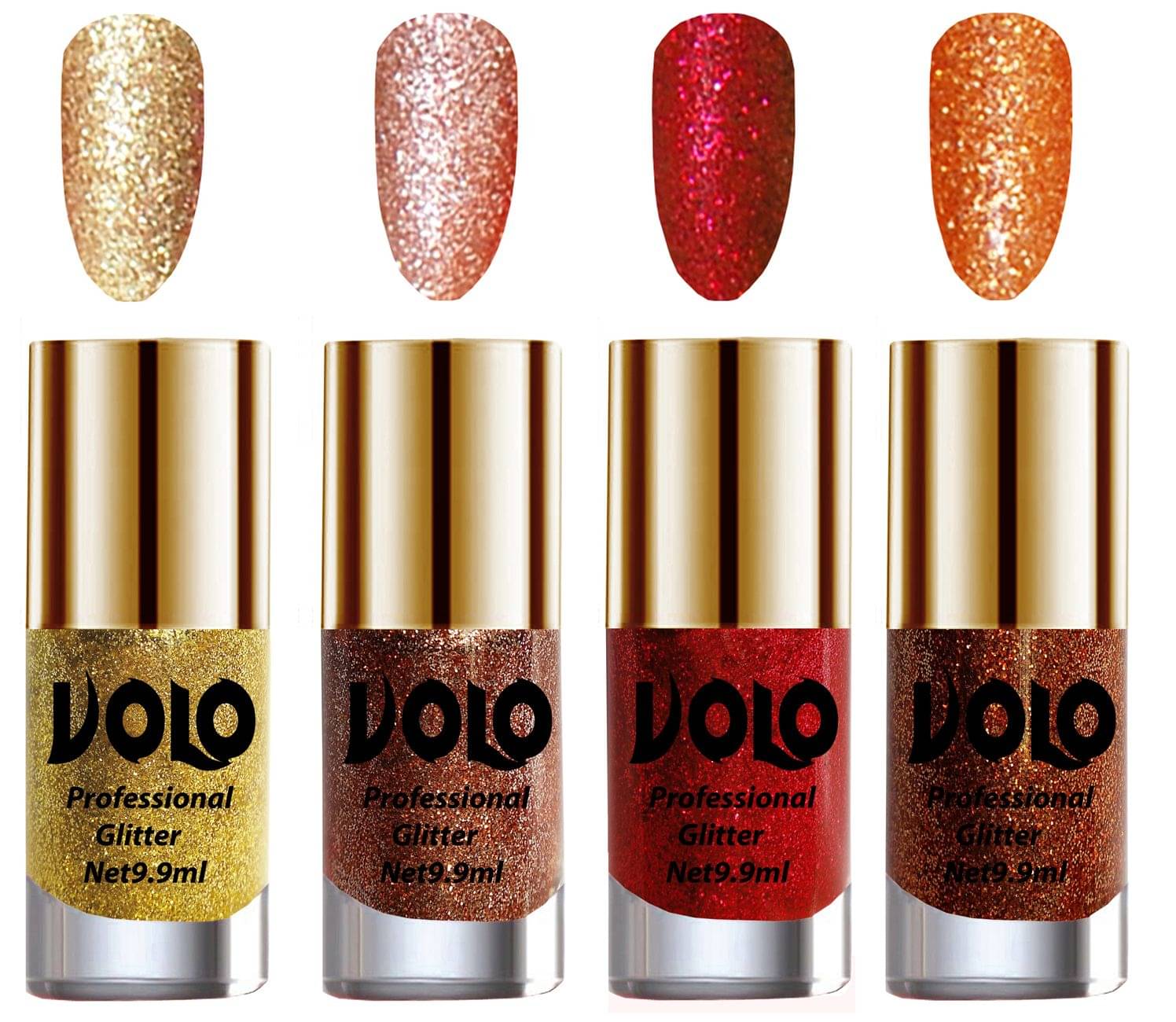 VOLO Professionally Used Glitter Shine Nail Polish Gold,Peach,Red Orange Pack of 4 39 mL     			VOLO Professionally Used Glitter Shine Nail Polish Gold,Peach,Red Orange Pack of 4 39 mL