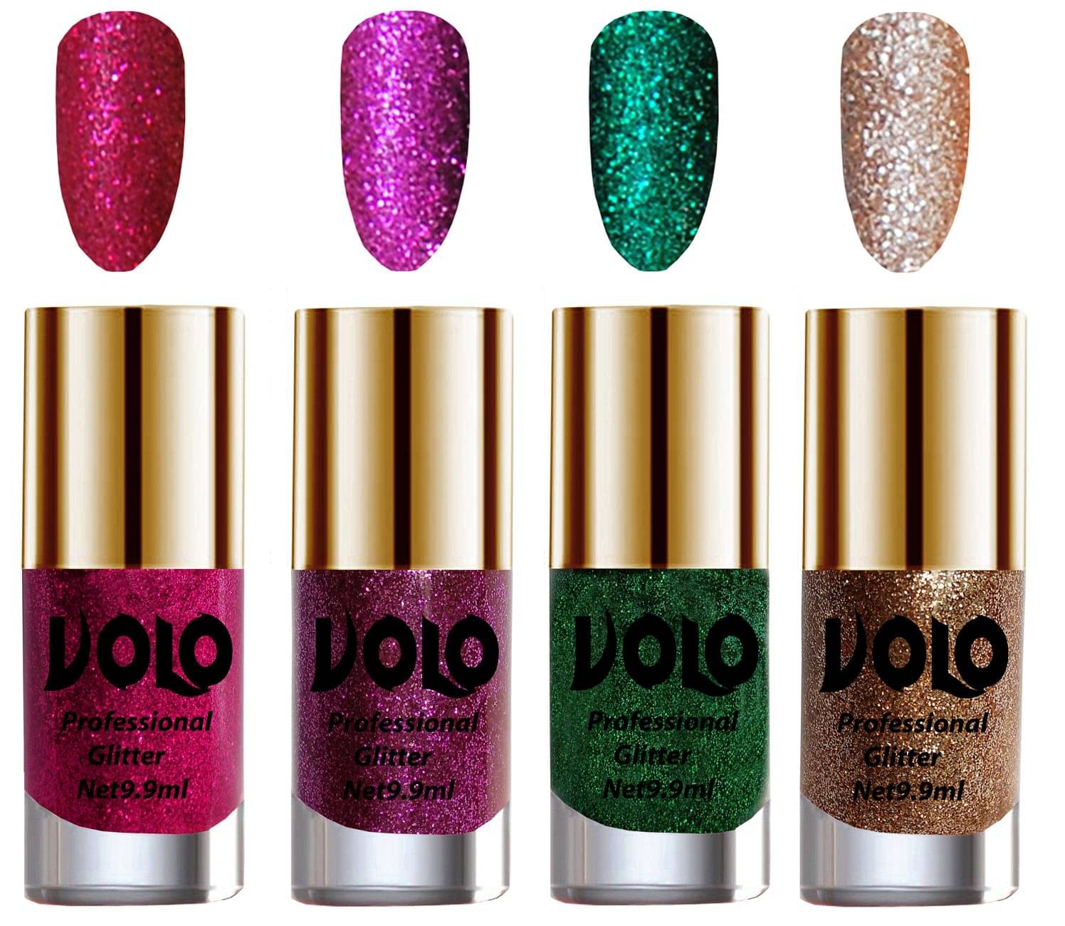 VOLO Professionally Used Glitter Shine Nail Polish Magenta,Purple,Green Gold Pack of 4 39 mL     			VOLO Professionally Used Glitter Shine Nail Polish Magenta,Purple,Green Gold Pack of 4 39 mL