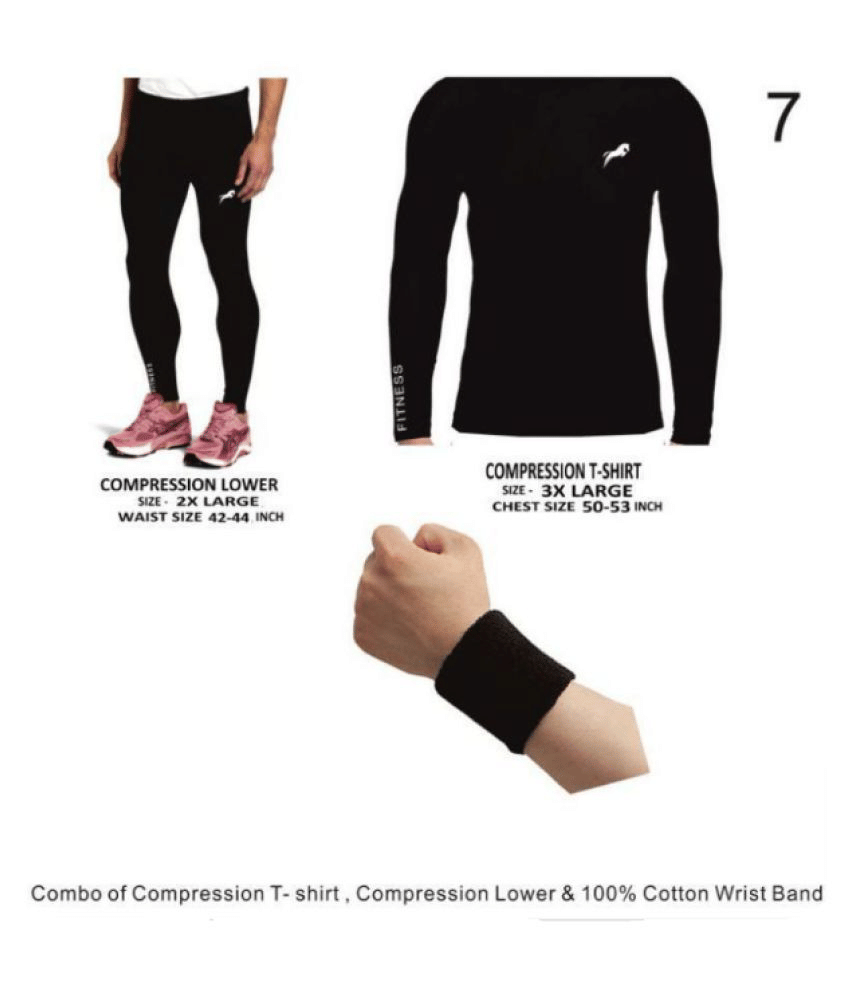     			Just Rider Full Length 100% Polyester Compression Lower With Full Sleeve T-shirt 100% COTTON Wrist band  Free Multi Sports Exercise/Gym/Running/Yoga/Other Outdoor inner wear for Sports - Skin Tight Fitting - Black Color 3 pcs combo