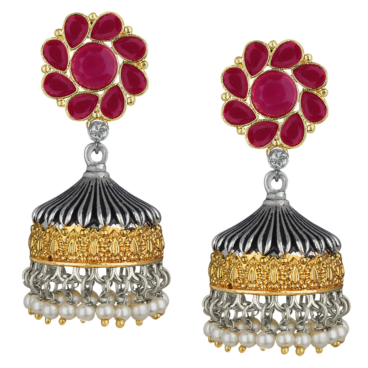     			Spargz Antique Floral Festive Wear Two Tone Plated Maroon Ruby Jhumki Earring For Women