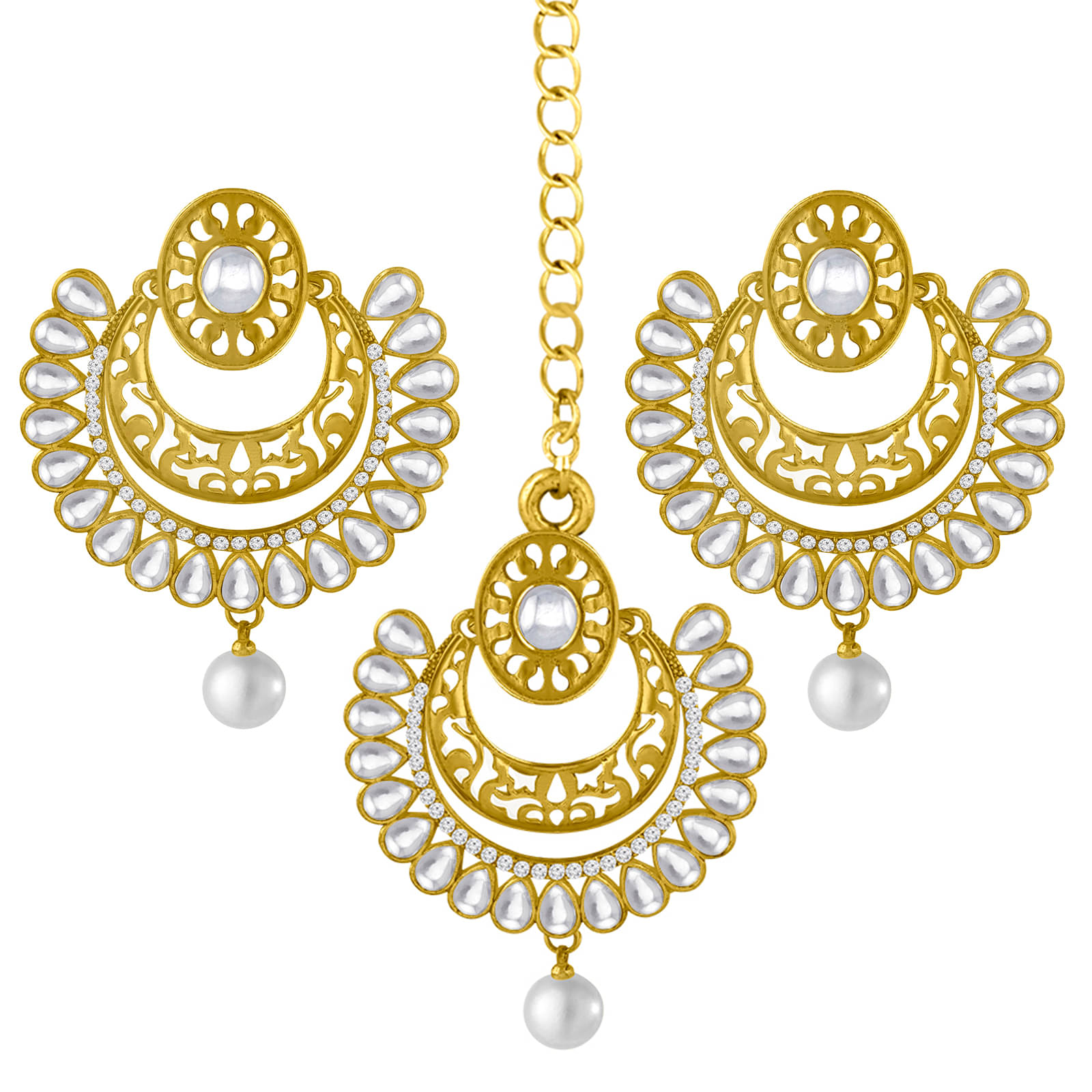     			Spargz Ethnic Wedding Wear Gold Plated Kundan & Pearl Maangtikka Earring For Women