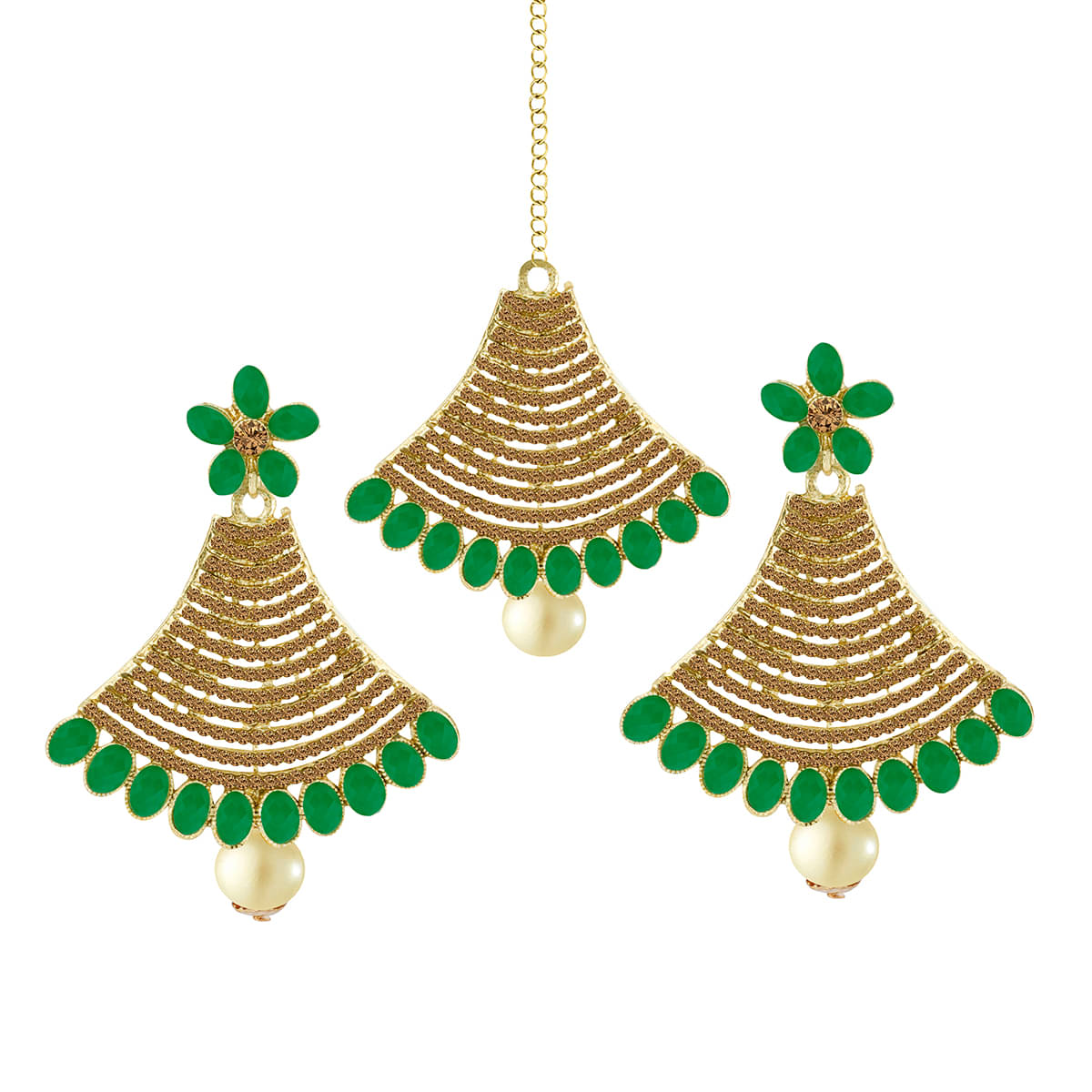     			Spargz Ethnic Wedding Wear Gold Plated AD Stone & Pearl Maangtikka Earring For Women