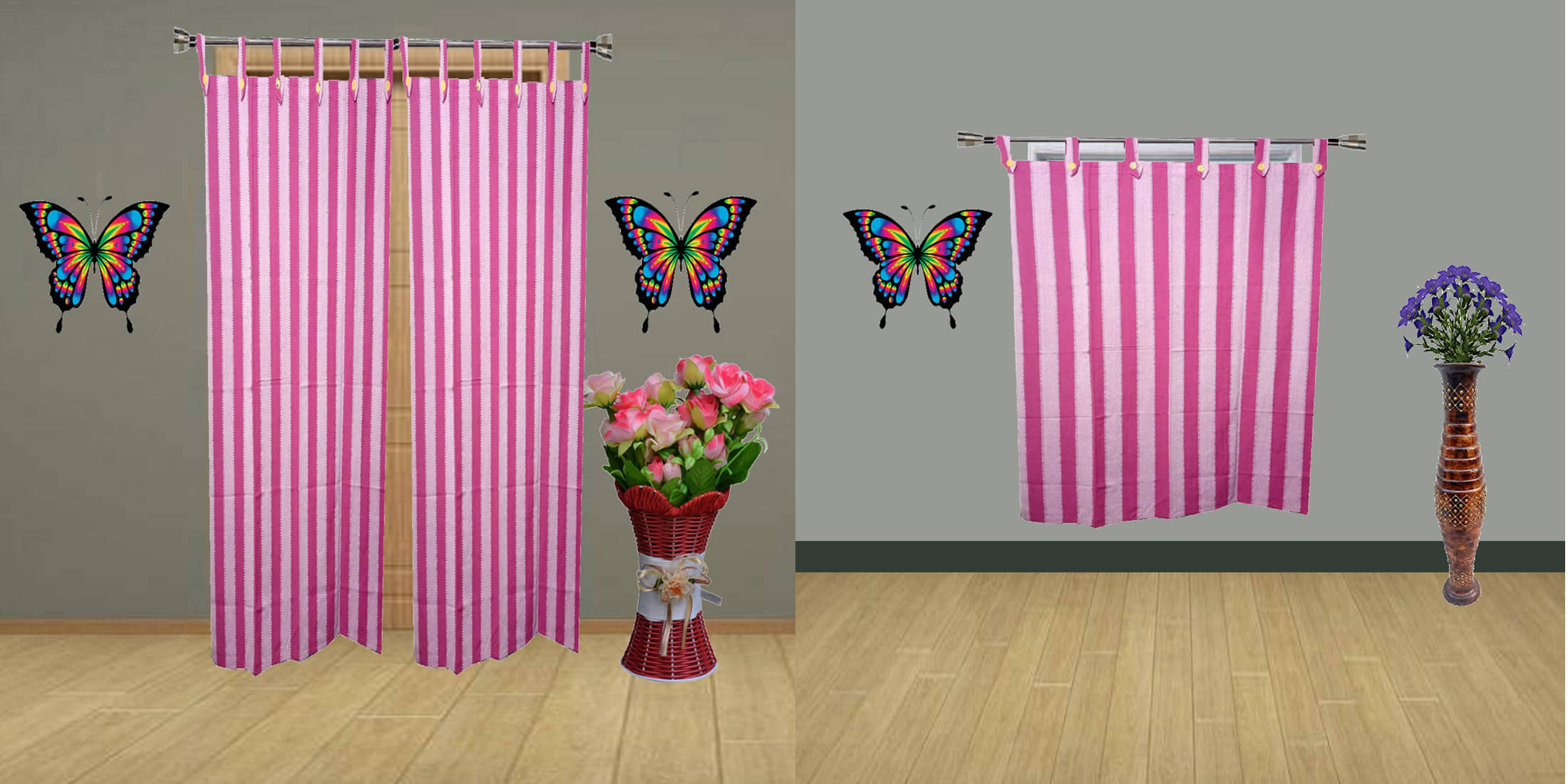 HOMEFLY Vertical Striped Room Darkening Loop Curtain 6.5 ft ( Pack of 3 ) - Pink HOMEFLY Vertical Striped Room Darkening Loop Curtain 6.5 ft ( Pack of 3 ) - Pink