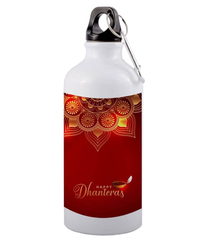 COLOR YARD happy dhanteras design with mandala and diya White 600 mL Aluminum Water Bottle set of 1 COLOR YARD happy dhanteras design with mandala and diya White 600 mL Aluminum Water Bottle set of 1