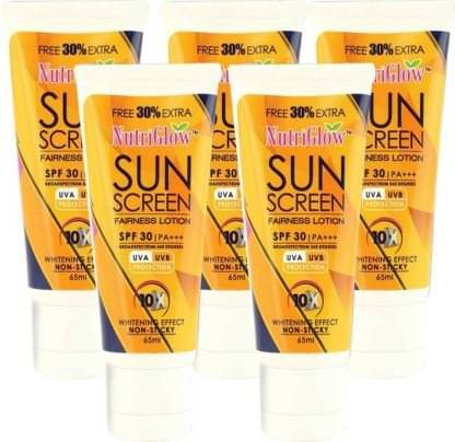     			Nutriglow Sunscreen Lotion SPF 30 PA+++ Glowing Skin Lotion For All Skin Type 65 ml (Pack of 5)