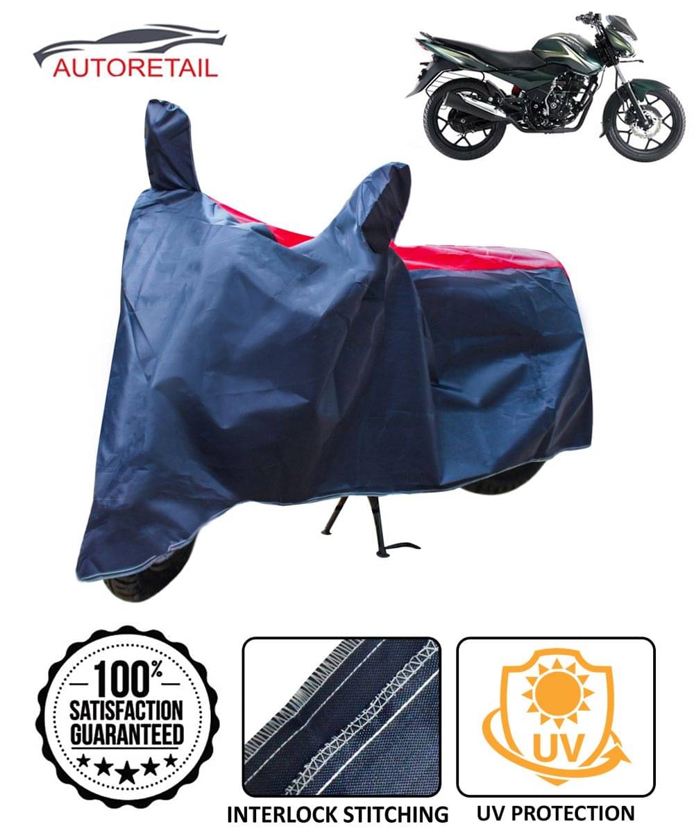 Autoretail Dust Proof Two Wheeler Polyster Cover With (Mirror Pocket) for Bajaj Discover 150F with Buckle Lock (Red & Blue)     			Autoretail Dust Proof Two Wheeler Polyster Cover With (Mirror Pocket) for Bajaj Discover 150F with Buckle Lock (Red & Blue)