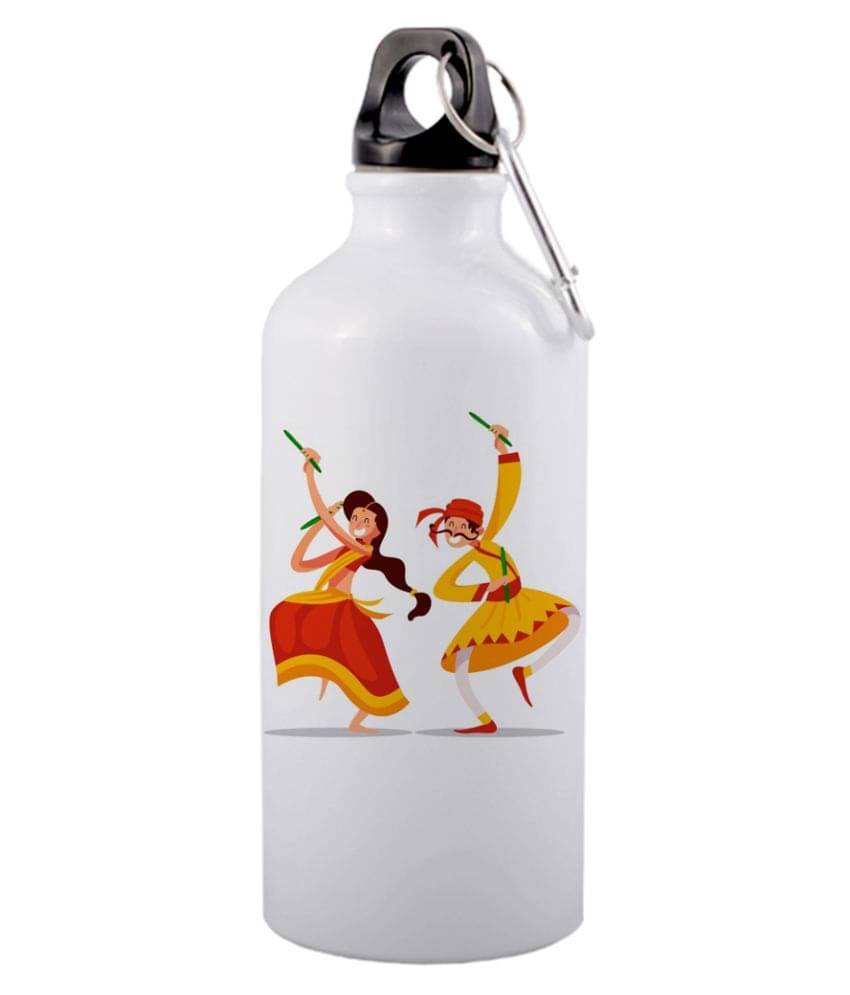 COLOR YARD best couple playing dandiya with yellow color White 600 mL Aluminum Water Bottle set of 1 COLOR YARD best couple playing dandiya with yellow color White 600 mL Aluminum Water Bottle set of 1