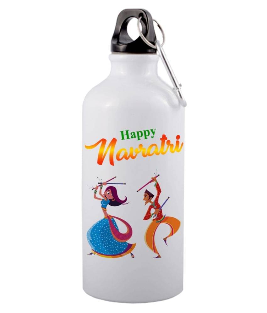     			COLOR YARD best happy navratri with couple playing dandiya White 600 mL Aluminum Water Bottle set of 1