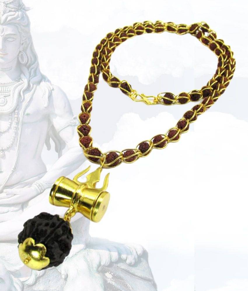     			Shiv Shakti Kavach 5 Mukhi Rudraksha Mala With Shiv Trishul & Damru Brass Necklace Brass Brass Pendant Set