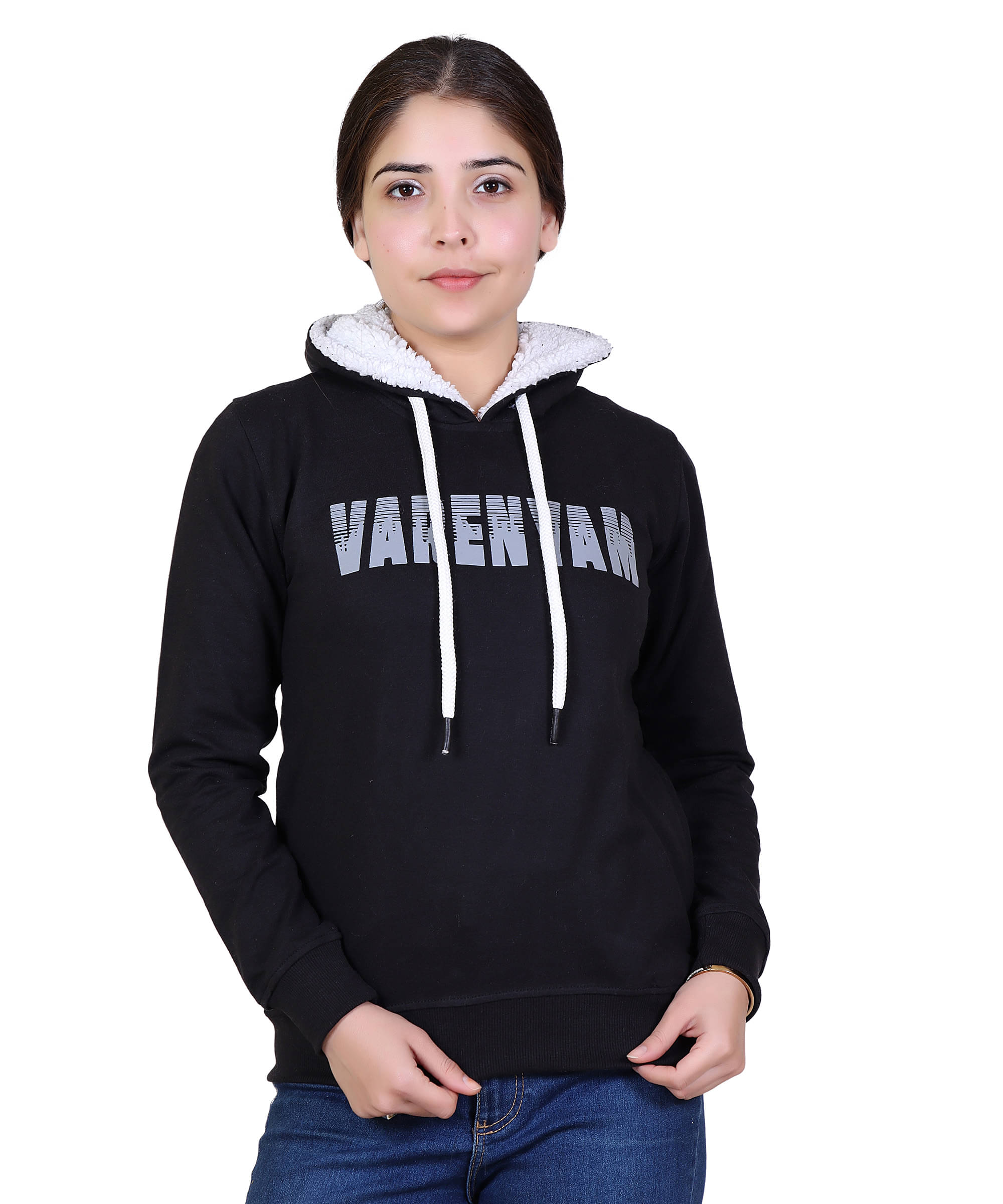     			Varenyam Cotton - Fleece Black Hooded Sweatshirt