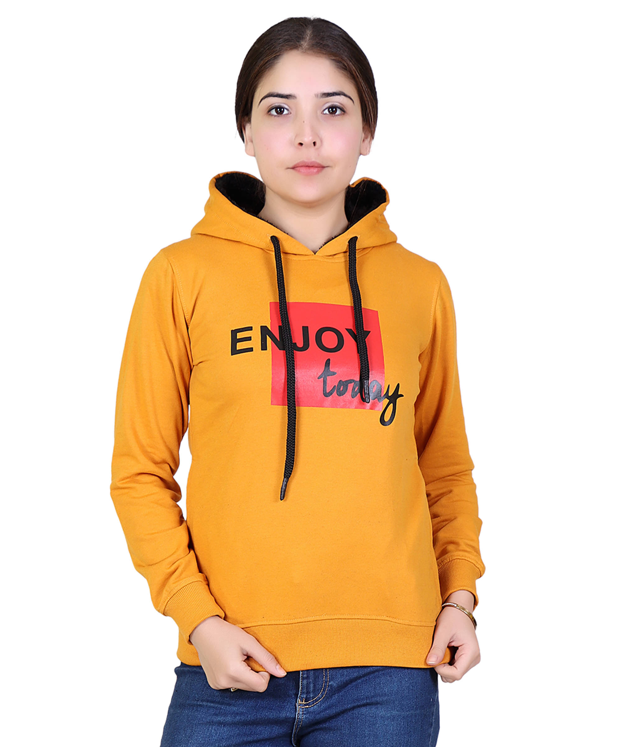     			Varenyam Cotton - Fleece Yellow Hooded Sweatshirt