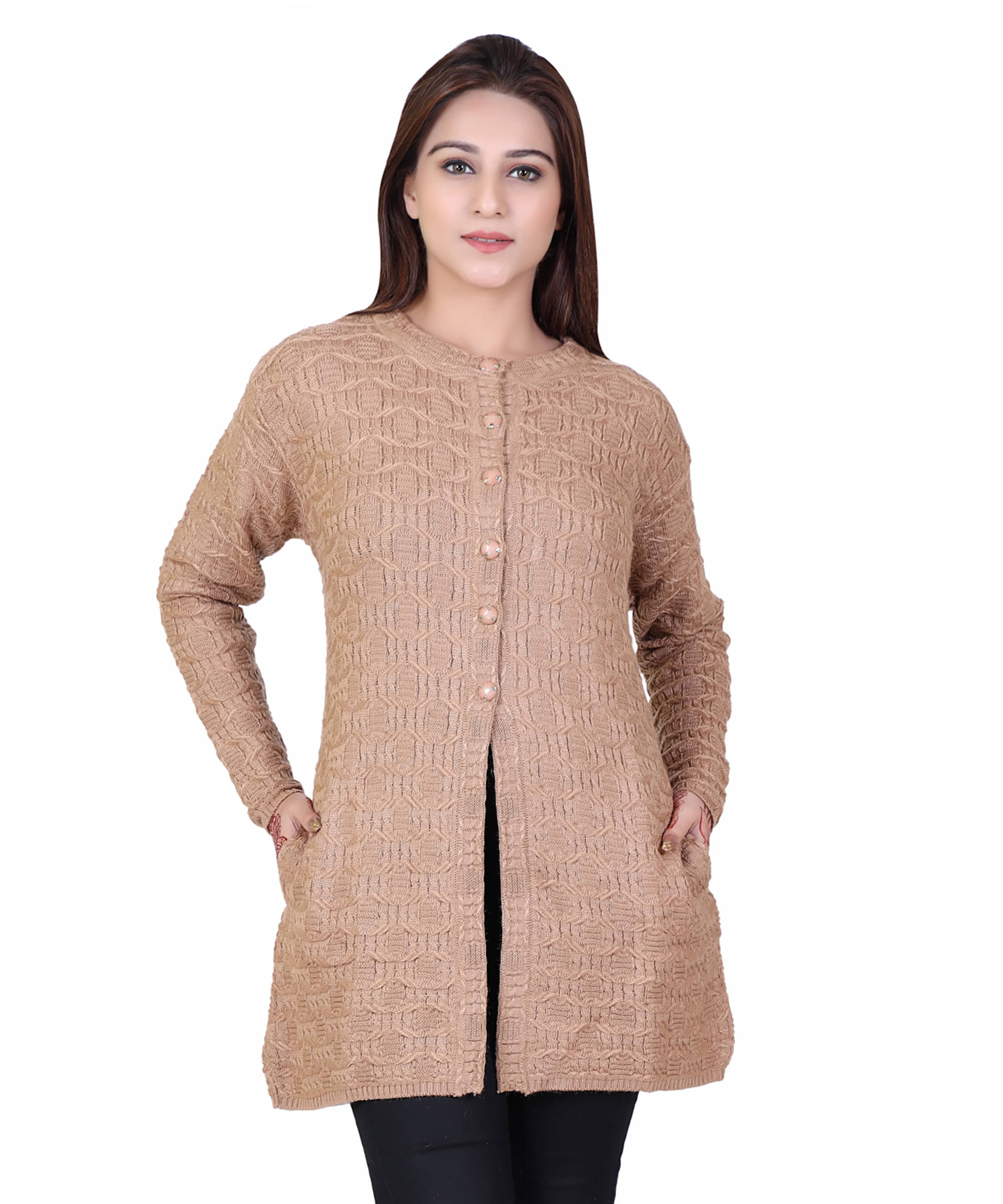 Varenyam Acrylic Beige Buttoned Cardigans - Single Varenyam Acrylic Beige Buttoned Cardigans - Single