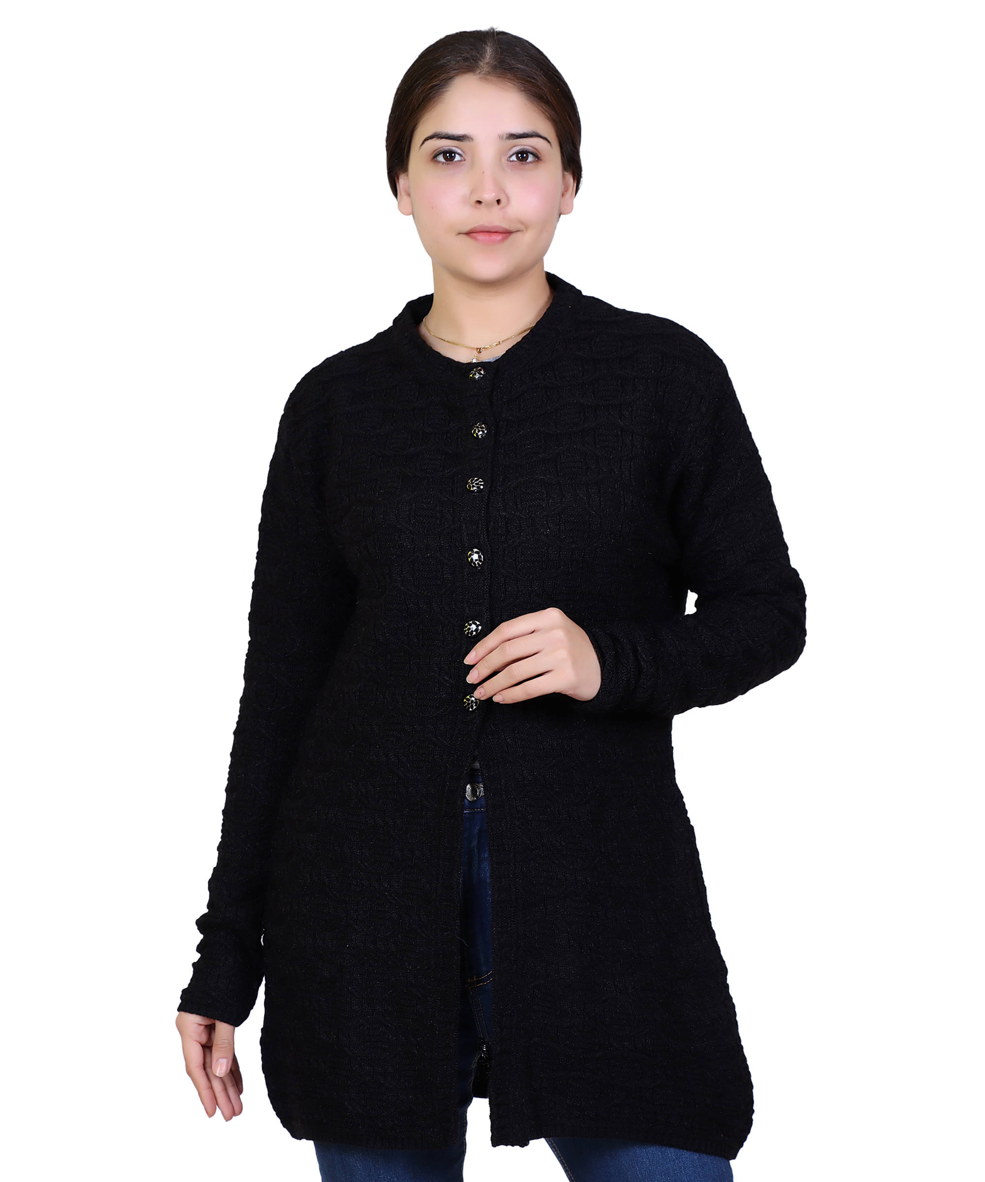     			Varenyam Acrylic Black Buttoned Cardigans - Single