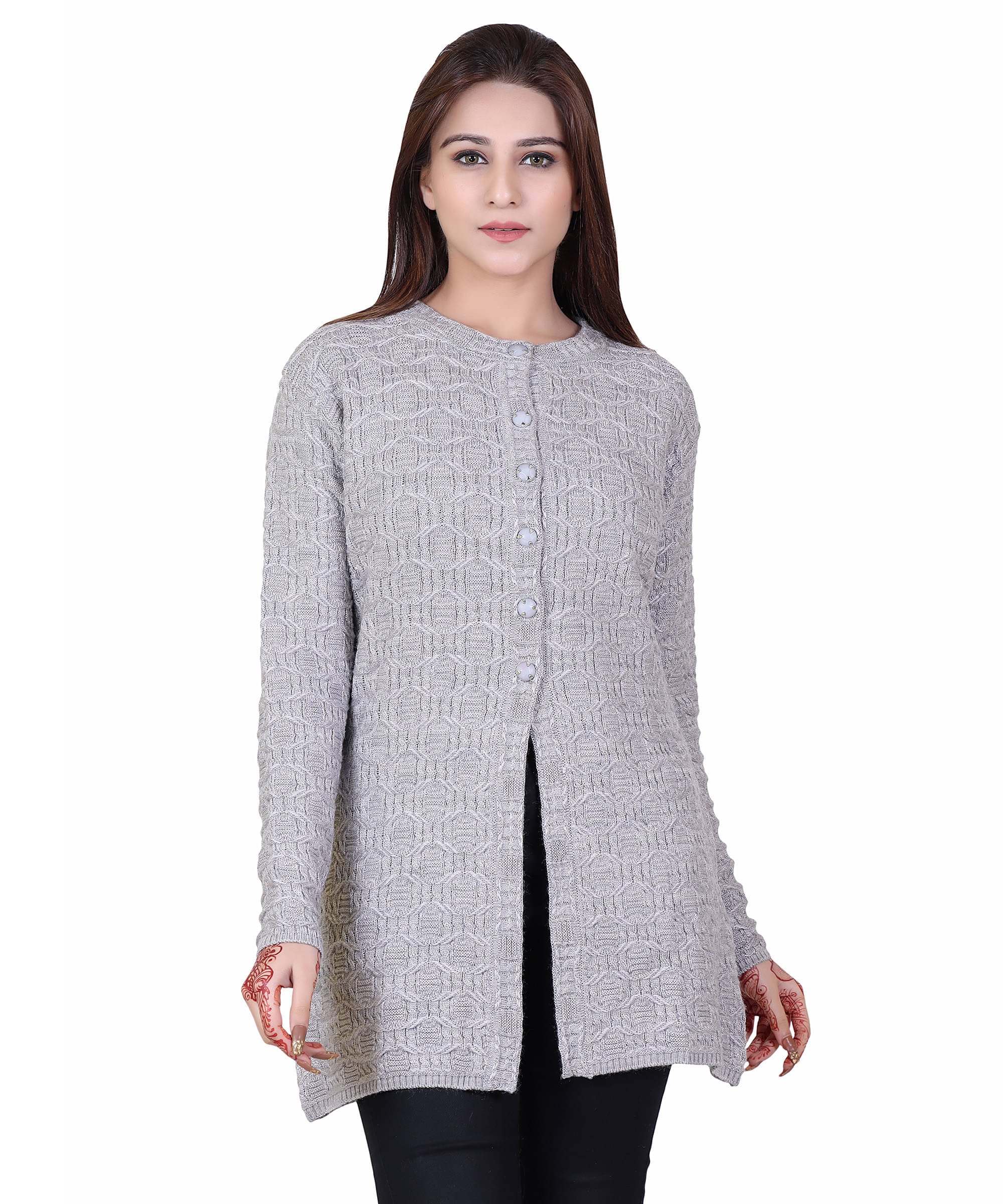     			Varenyam Women Acrylic Round Neck Cardigan ( Grey )