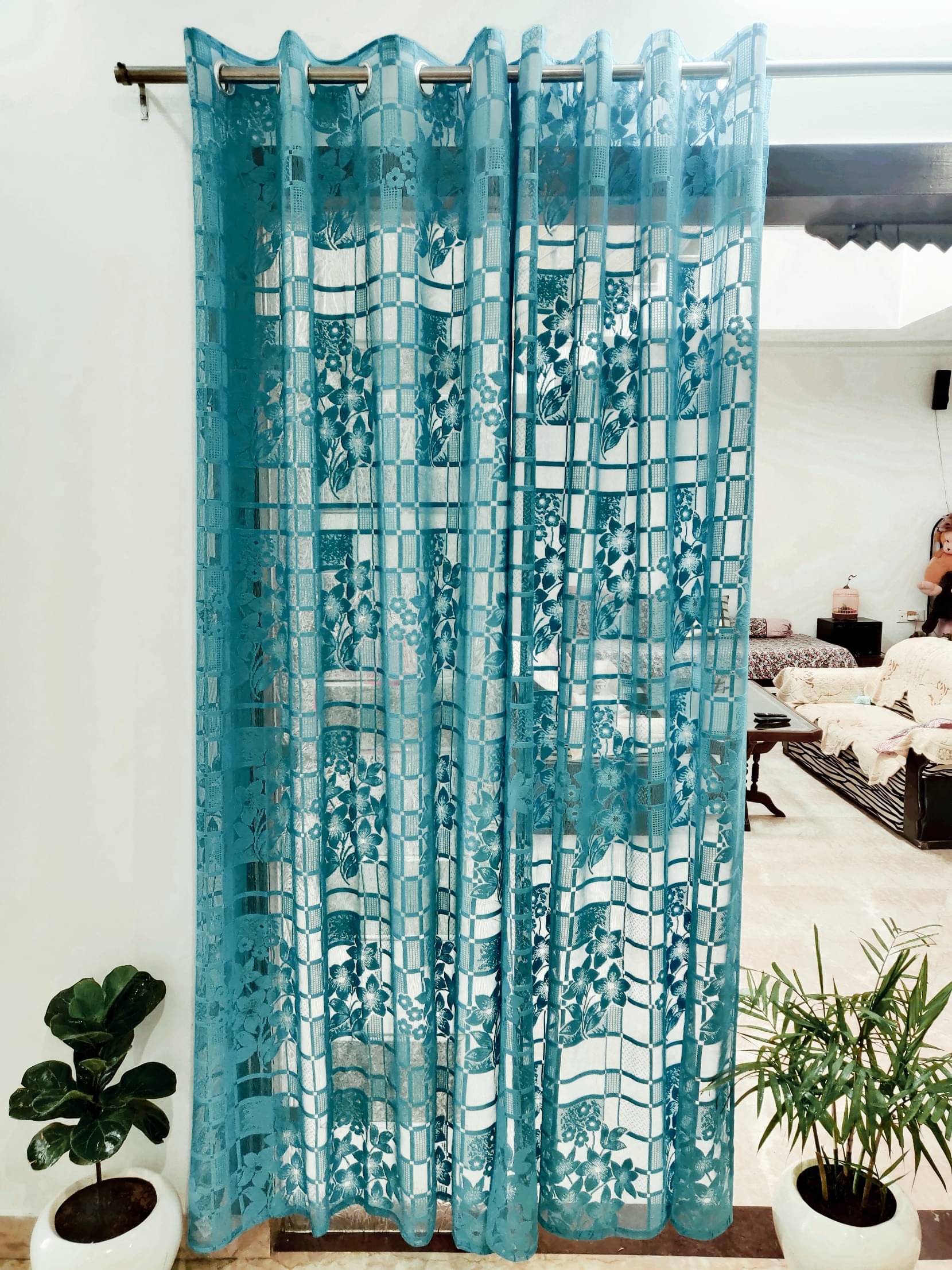 Homefab India Floral Transparent Eyelet Window Curtain 5ft (Pack of 2) - Aqua Homefab India Floral Transparent Eyelet Window Curtain 5ft (Pack of 2) - Aqua