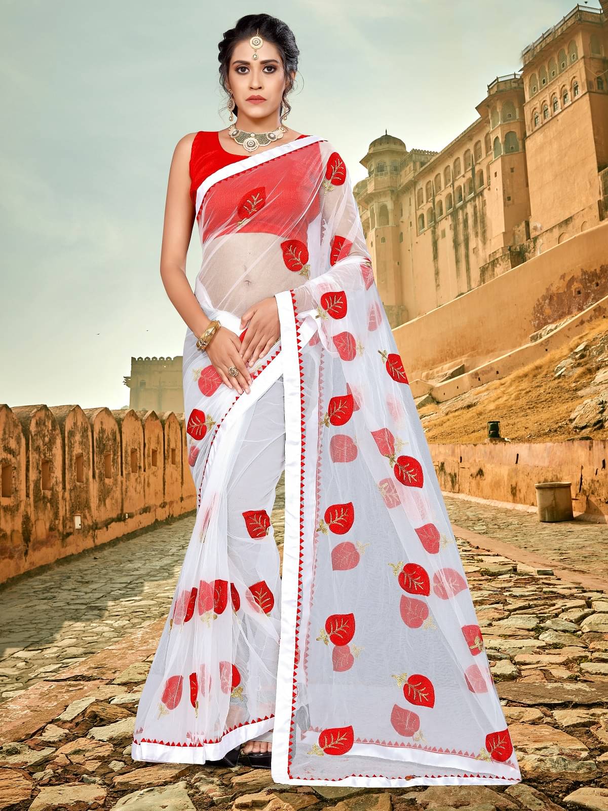 Gazal Fashions Net Embroidered Saree With Unstitched Blouse Piece ( Multicolor ) Gazal Fashions Net Embroidered Saree With Unstitched Blouse Piece ( Multicolor )