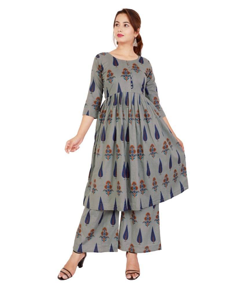 EXPORTHOUSE - Grey Melange Anarkali Cotton Women's Stitched Salwar Suit ( Pack of 1 ) EXPORTHOUSE - Grey Melange Anarkali Cotton Women's Stitched Salwar Suit ( Pack of 1 )