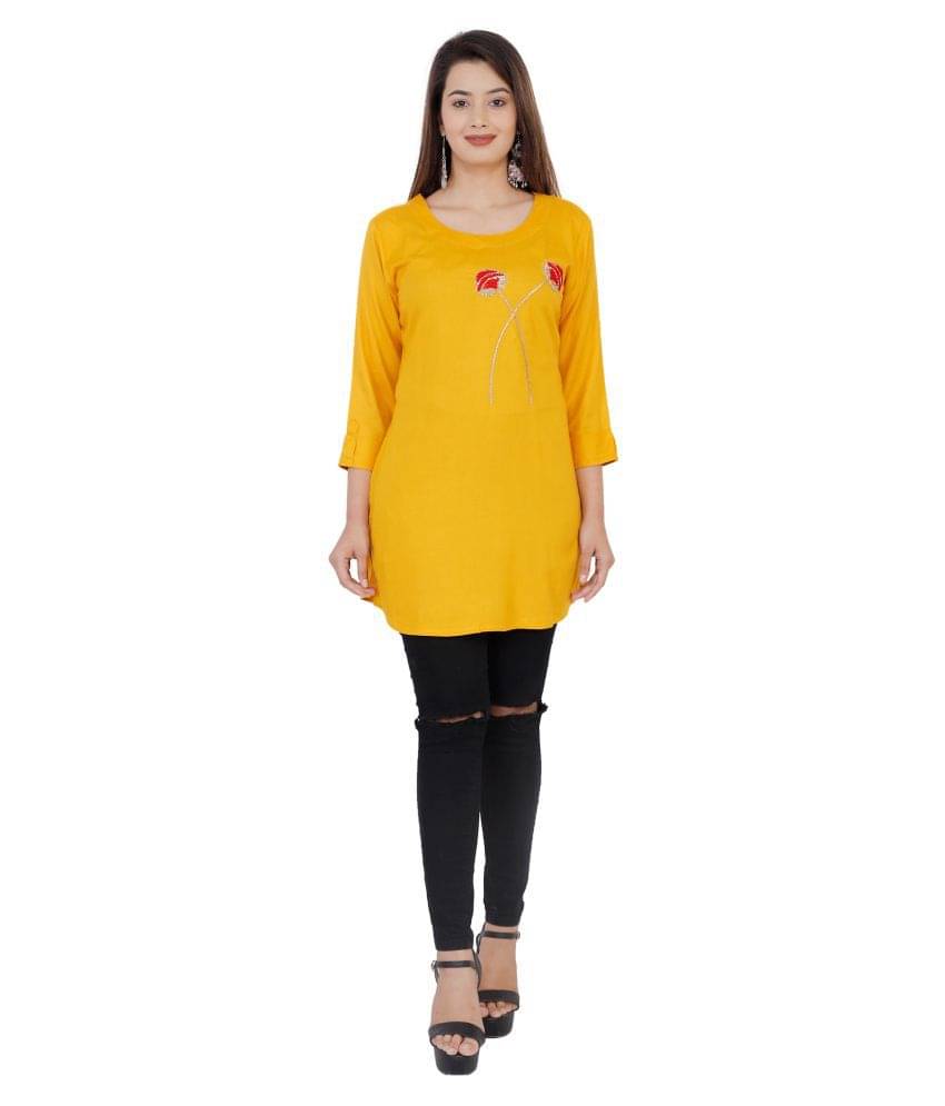 HIGHLIGHT FASHION EXPORT - Yellow Rayon Women's Straight Kurti     			HIGHLIGHT FASHION EXPORT - Yellow Rayon Women's Straight Kurti