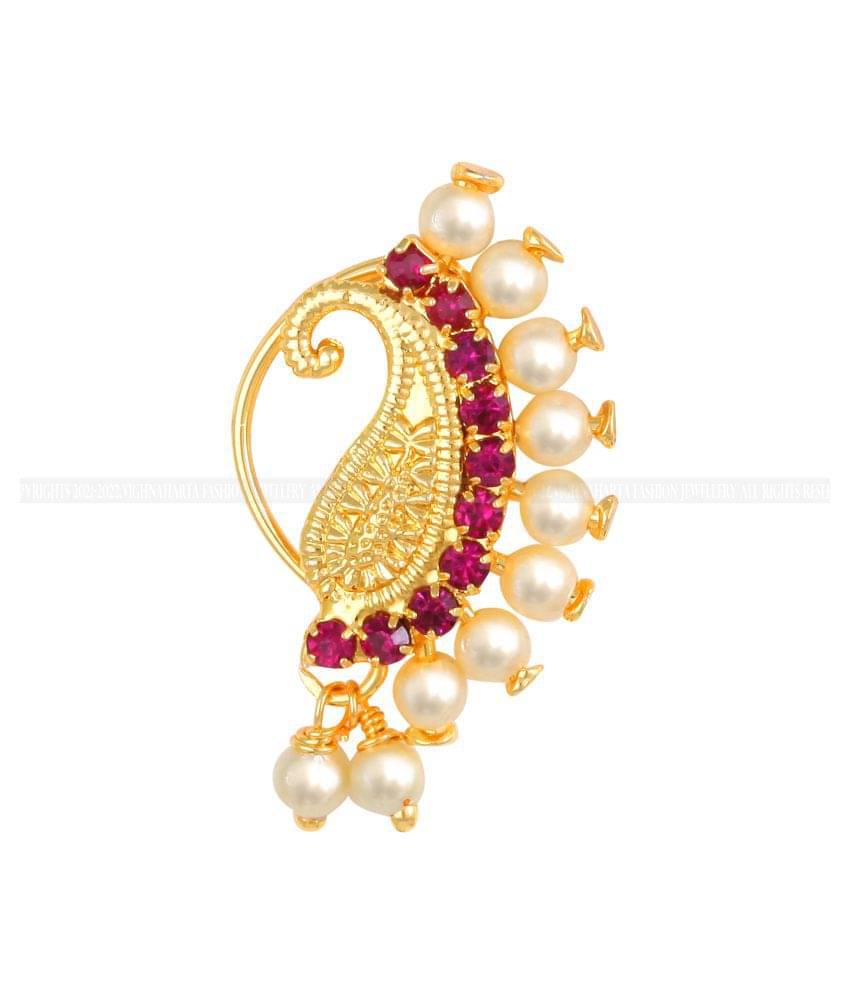 Vighnaharta Gold Plated Mayur Design with Pearls and AD stone Alloy Maharashtrian Nath Nathiya./ Nose Pin for women VFJ1015NTH-Press Vighnaharta Gold Plated Mayur Design with Pearls and AD stone Alloy Maharashtrian Nath Nathiya./ Nose Pin for women VFJ1015NTH-Press