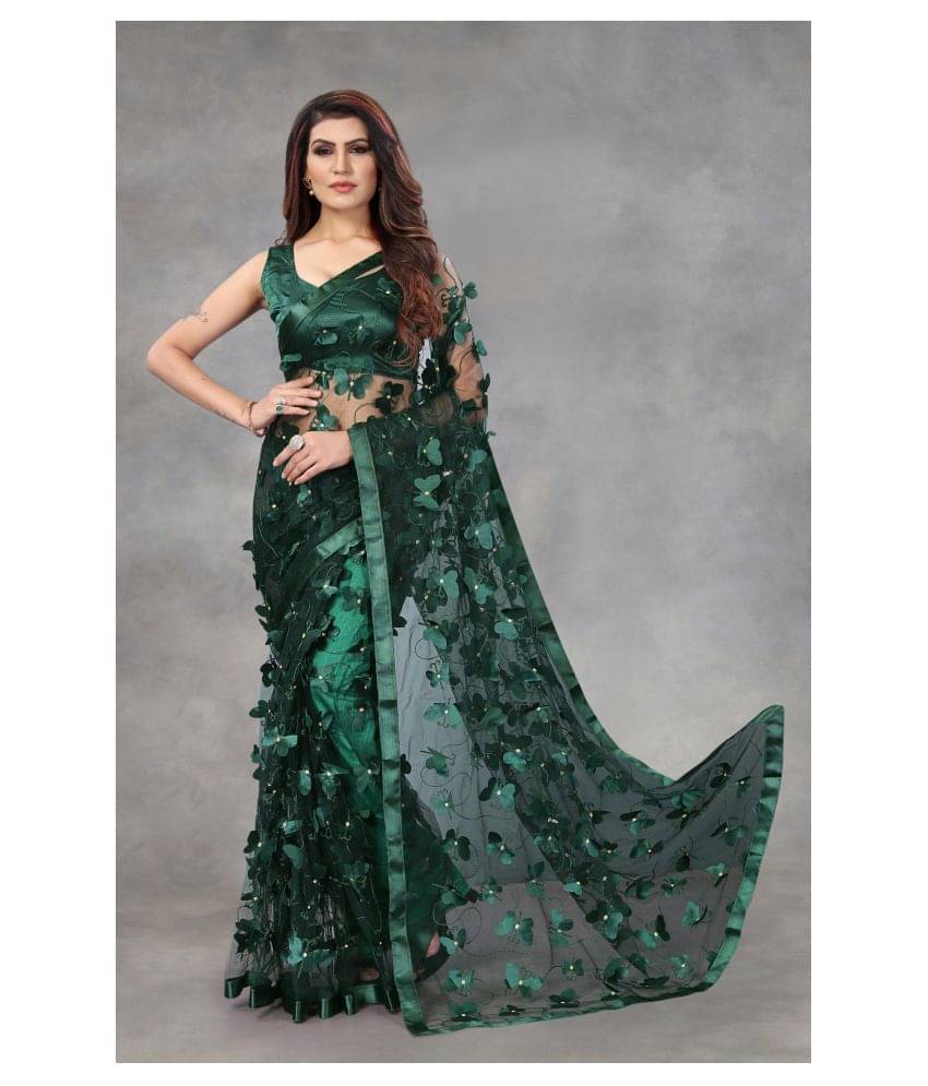 Aika Net Embroidered Saree With Unstitched Blouse Piece ( Green ) Aika Net Embroidered Saree With Unstitched Blouse Piece ( Green )