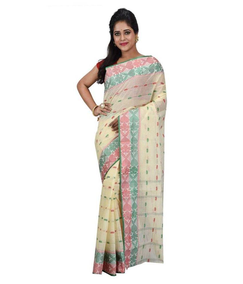 Desh Bidesh Cotton Self Design Saree Without Blouse Piece ( Green,Red,White ) Desh Bidesh Cotton Self Design Saree Without Blouse Piece ( Green,Red,White )