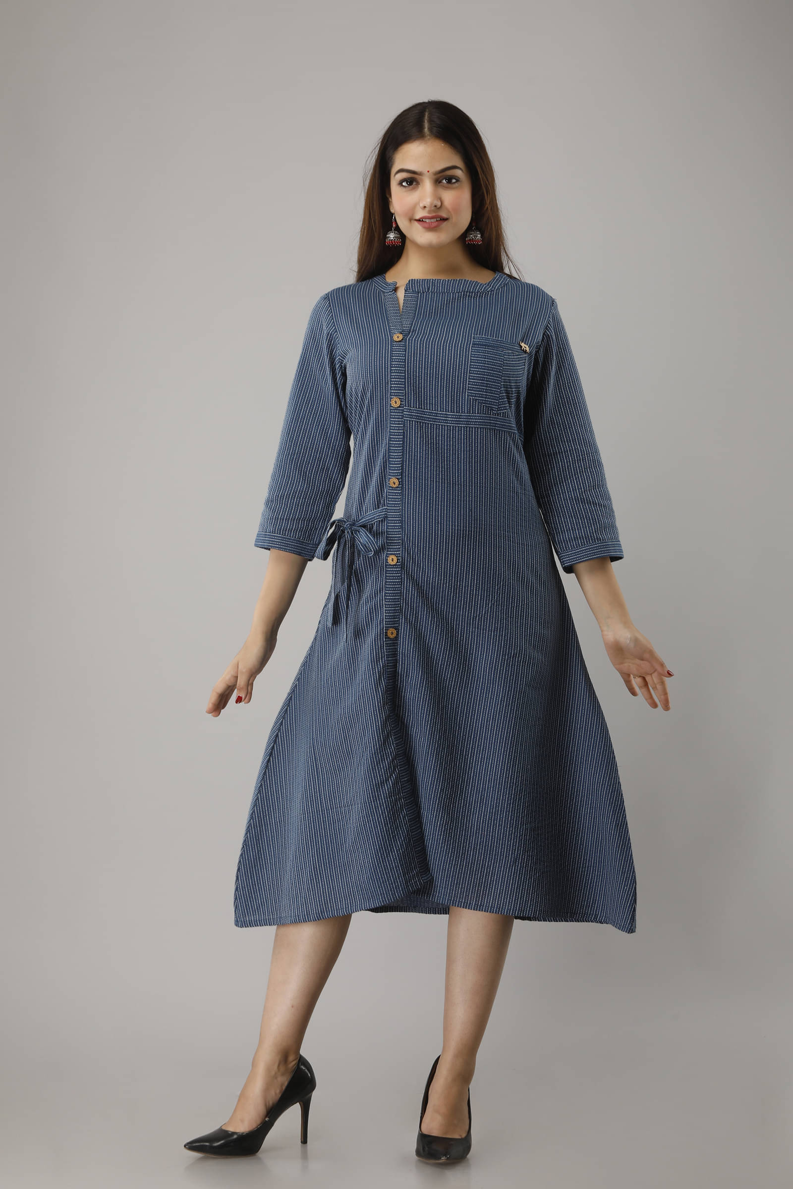 Frionkandy Blue Cotton Blend Front Slit Kurti     			Frionkandy Blue Cotton Blend Front Slit Kurti