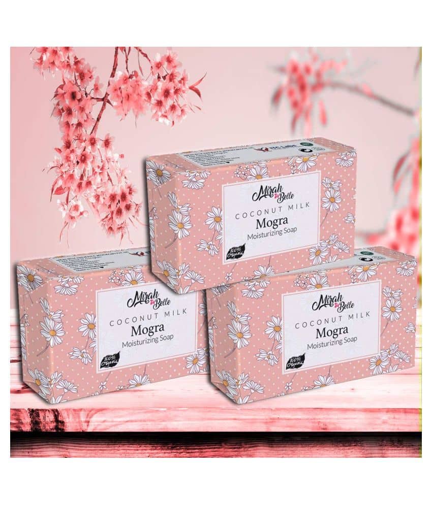 Mirah Belle - Organic Coconut Milk, Mogra Moisturising Soap 125gm (Pack of 3) - For Dry, Damaged, Flaky Skin- Handmade Soap 375gm