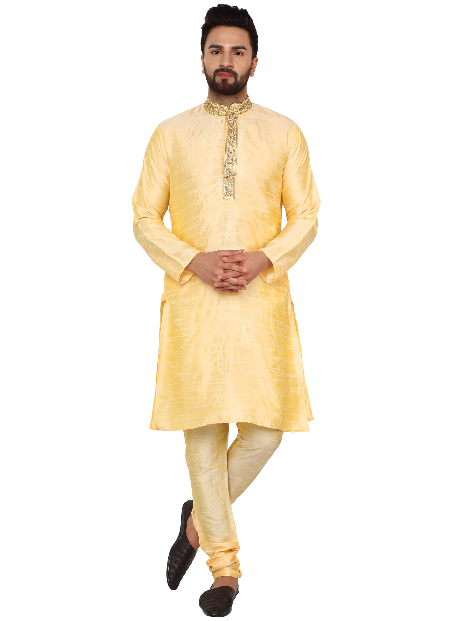 SKAVIJ Beige Silk Blend Kurta Pyjama Set SKAVIJ Beige Silk Blend Kurta Pyjama Set