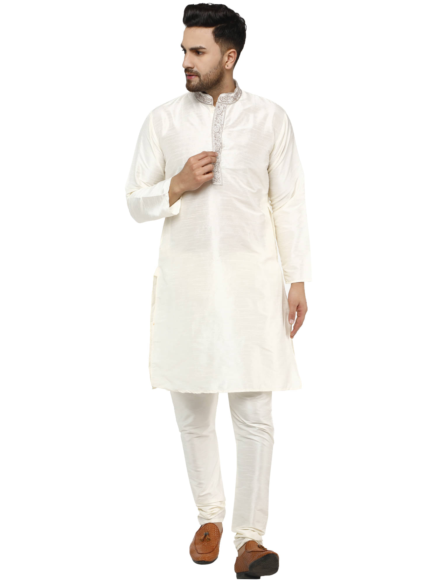 SKAVIJ Off-White Silk Blend Kurta Pyjama Set SKAVIJ Off-White Silk Blend Kurta Pyjama Set