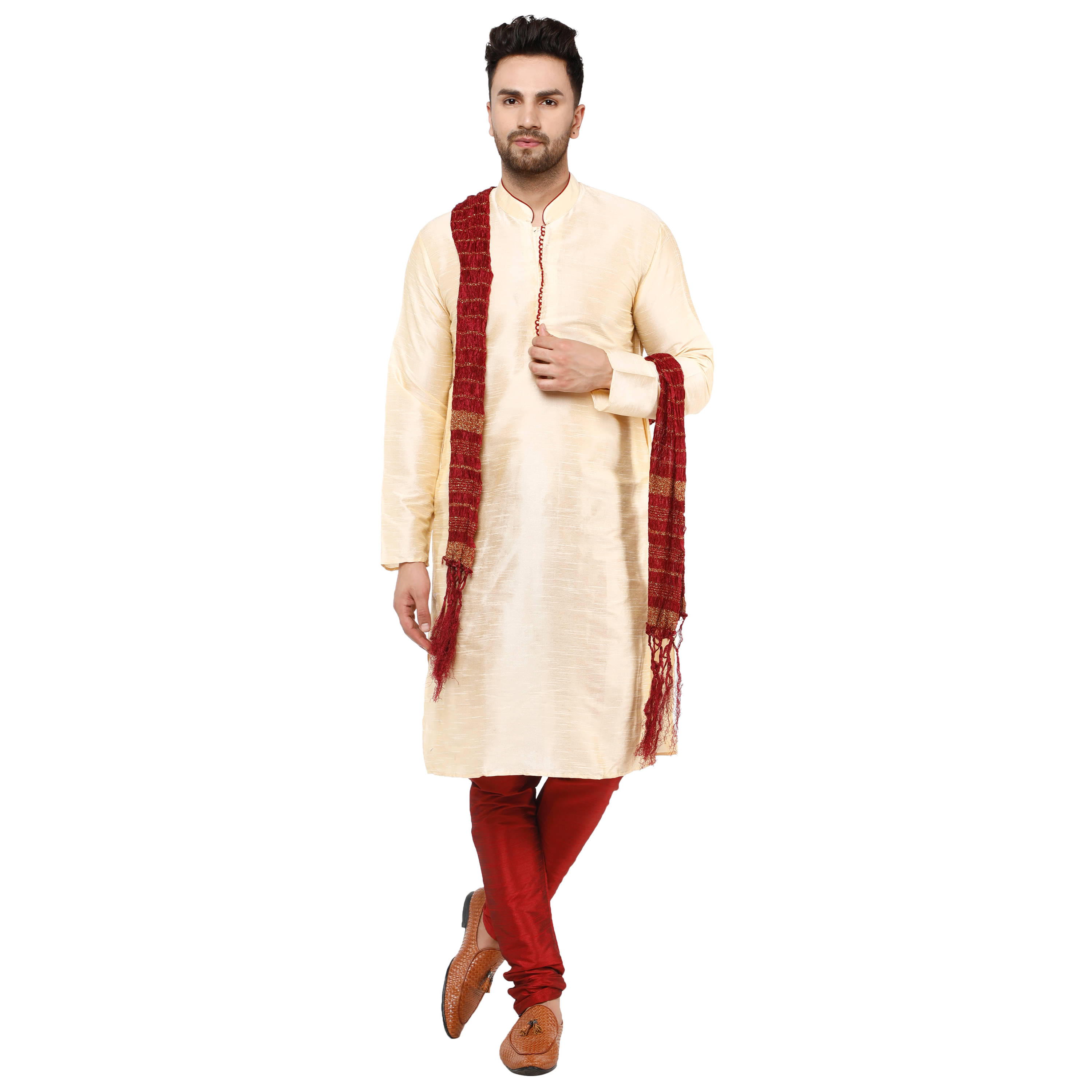SKAVIJ Beige Silk Blend Kurta Pyjama Set SKAVIJ Beige Silk Blend Kurta Pyjama Set