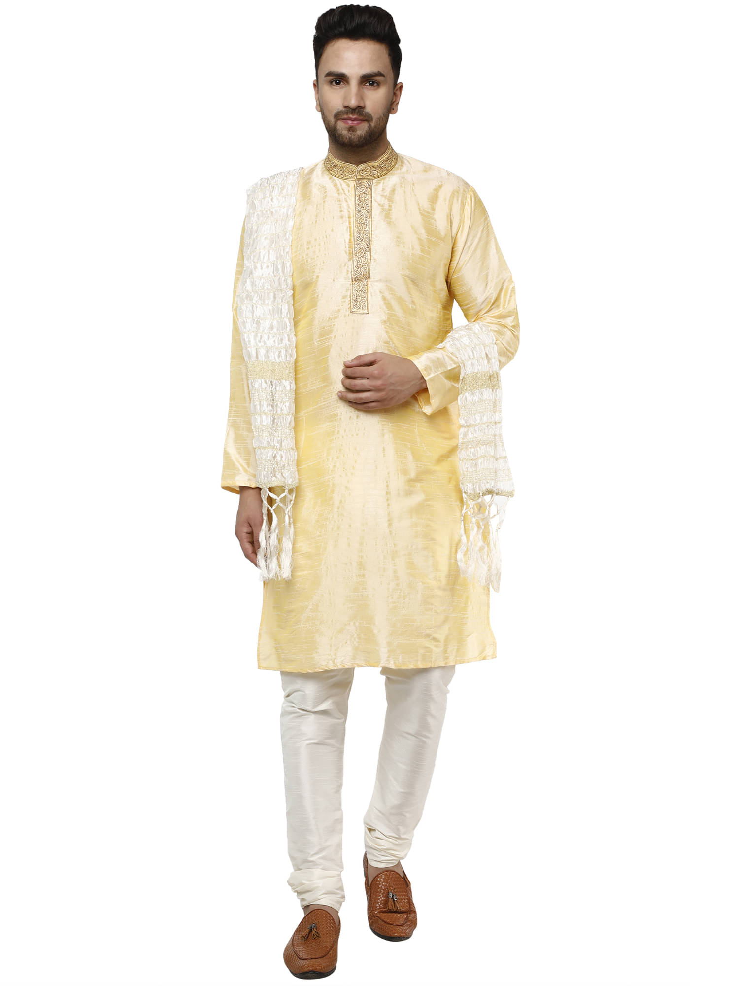     			SKAVIJ Beige Silk Blend Kurta Pyjama Set