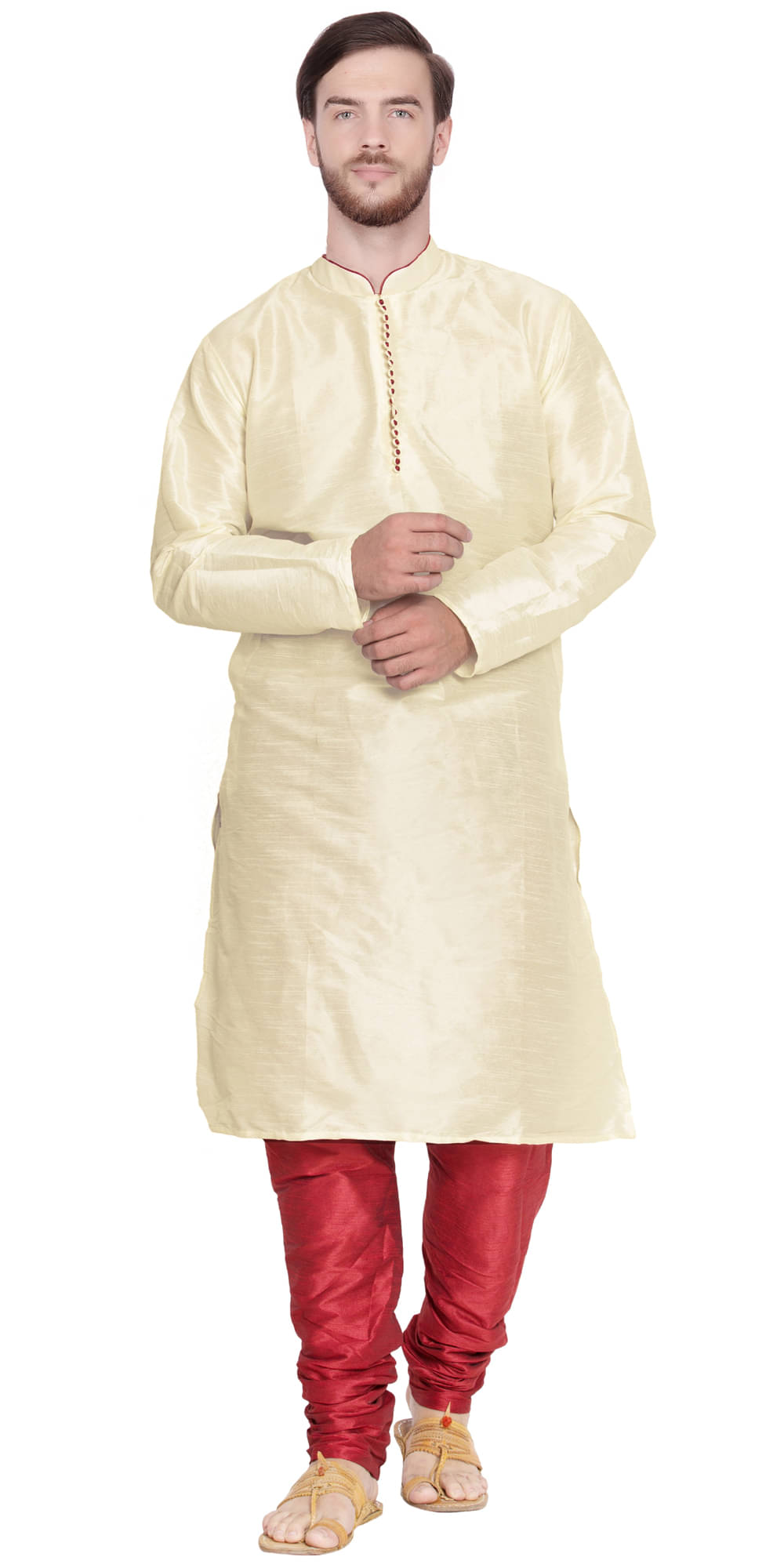     			SKAVIJ Beige Silk Blend Kurta Pyjama Set