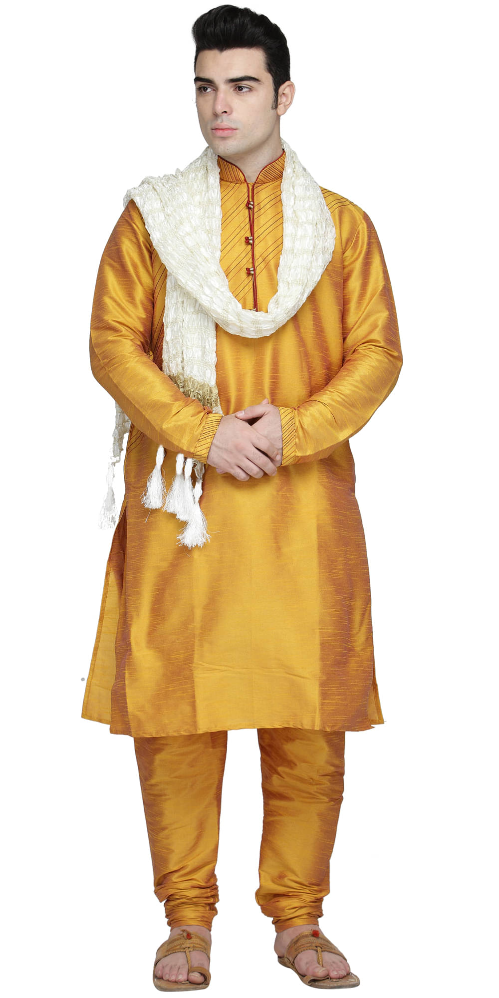     			SKAVIJ Gold Silk Blend Kurta Pyjama Set