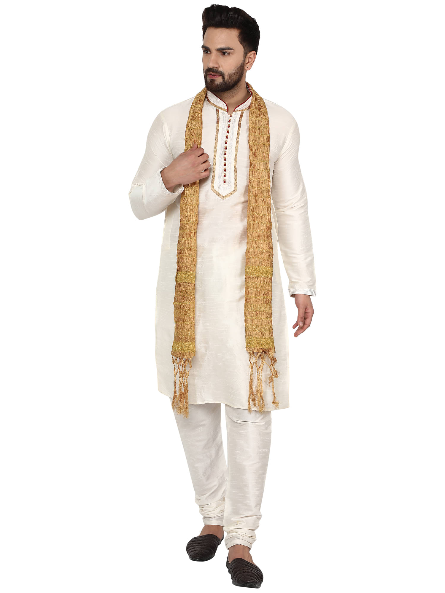 SKAVIJ Off-White Silk Blend Kurta Pyjama Set SKAVIJ Off-White Silk Blend Kurta Pyjama Set