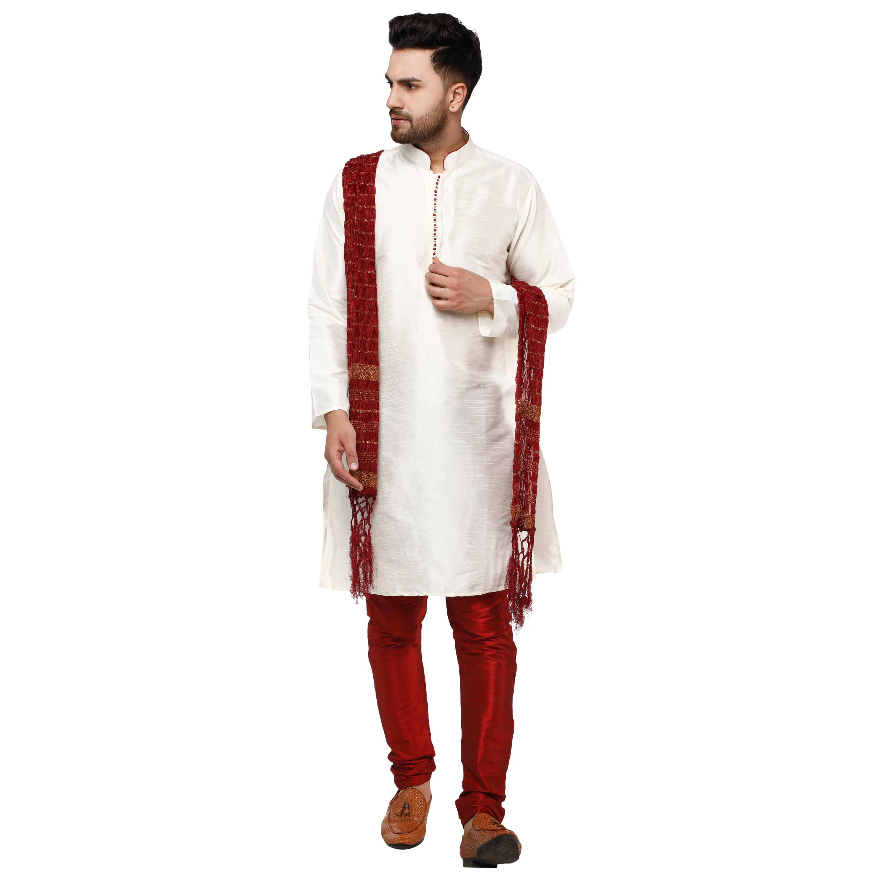 SKAVIJ Off-White Silk Blend Kurta Pyjama Set SKAVIJ Off-White Silk Blend Kurta Pyjama Set