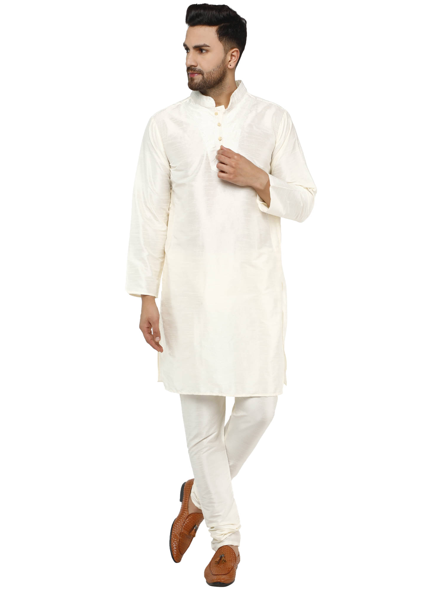 SKAVIJ Off-White Silk Blend Kurta Pyjama Set SKAVIJ Off-White Silk Blend Kurta Pyjama Set