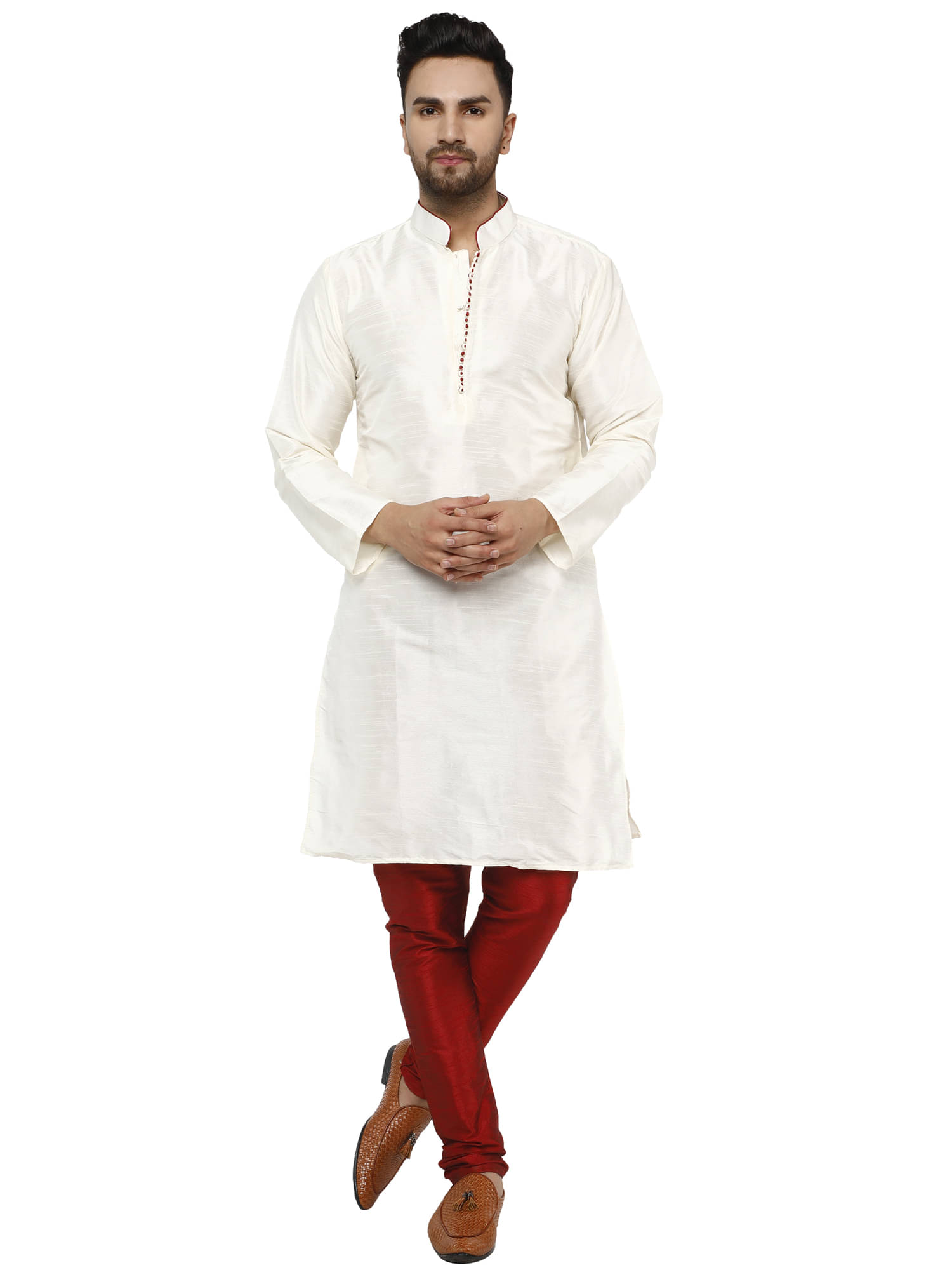 SKAVIJ Off-White Silk Blend Kurta Pyjama Set SKAVIJ Off-White Silk Blend Kurta Pyjama Set