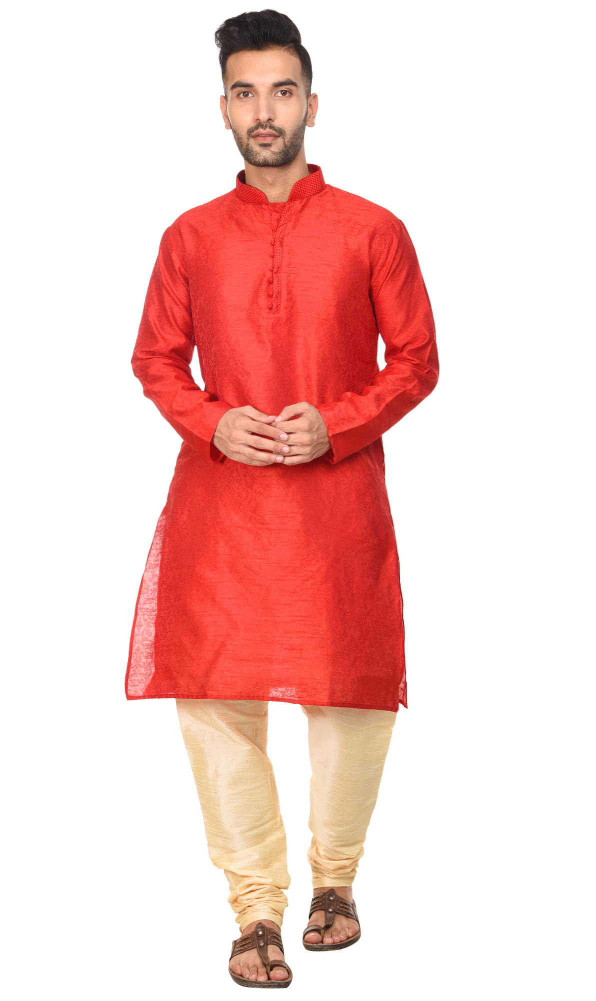 SKAVIJ Red Silk Blend Kurta Pyjama Set SKAVIJ Red Silk Blend Kurta Pyjama Set