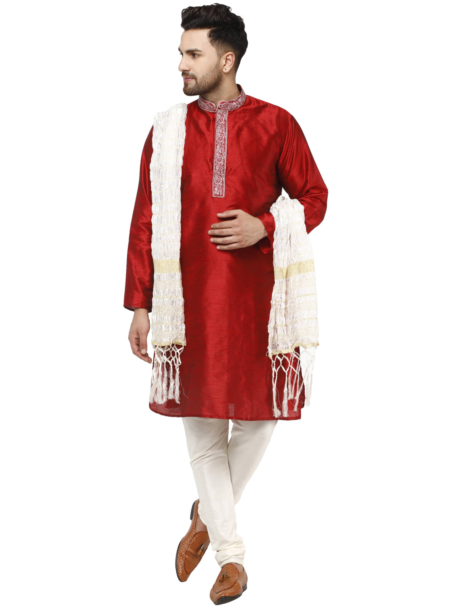     			SKAVIJ Red Silk Blend Kurta Pyjama Set