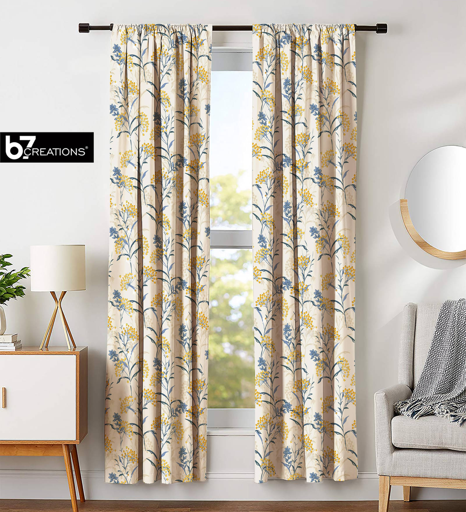 B7 CREATIONS Set of 2 Long Door Rod Pocket Polyester Curtains Yellow B7 CREATIONS Set of 2 Long Door Rod Pocket Polyester Curtains Yellow