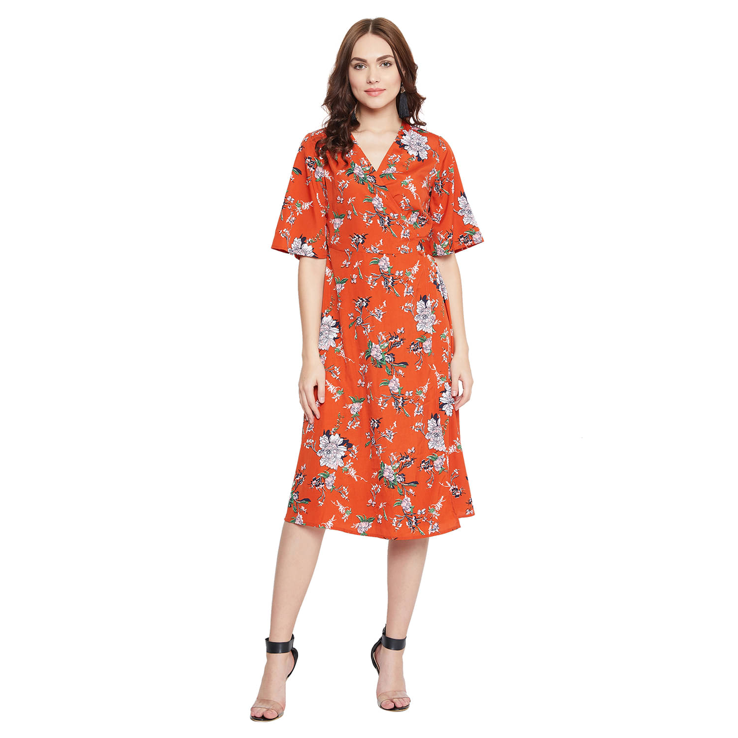 Purys Women Polyester Wrap Dress ( Rust ) Purys Women Polyester Wrap Dress ( Rust )