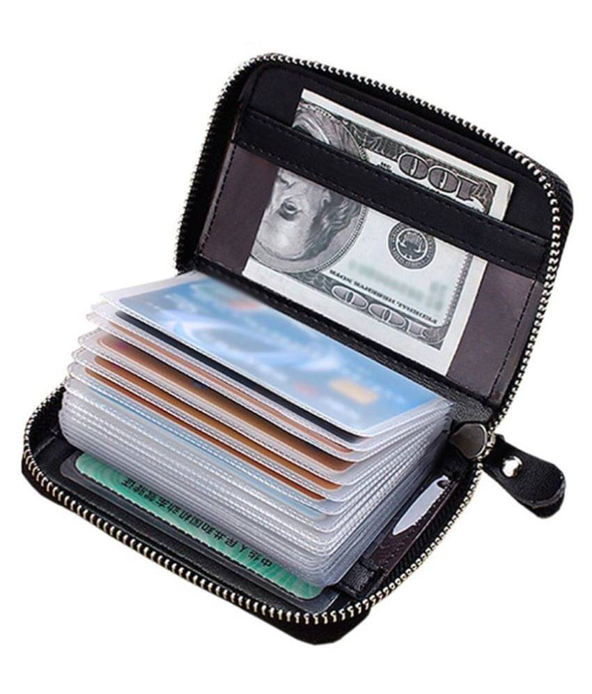     			Hide&Sleek RFID Protected Black Genuine Leather Card Holder with Zipper Clouser