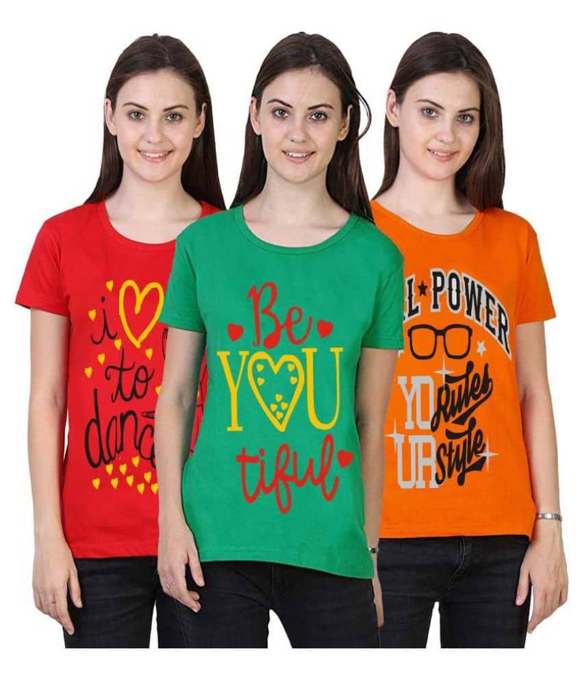 MIST N FOGG Women Cotton Regular Fit Round Neck T-Shirt ( Multi Color )