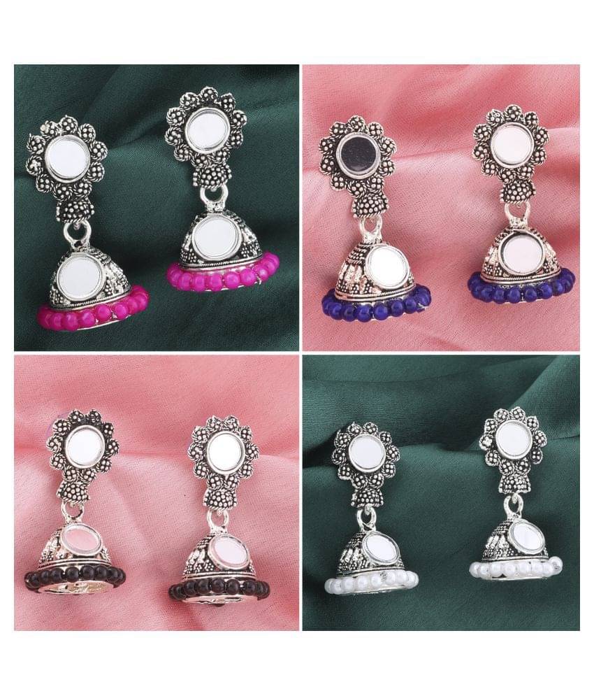     			Silver Shine Stunning Mirror with Beads Jhumki Earrings Combo Set pair of 4 For Girls and Women Jewellery